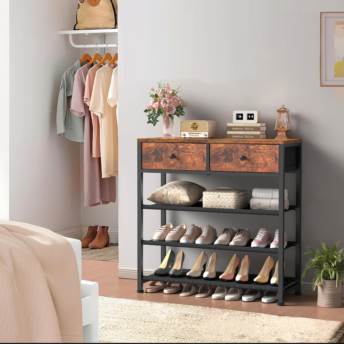 usikey Shoe Rack, 4 Tier Shoe Storage Organizer with 2 Drawers, Metal Shoe Shelf for 9-12 Pairs of Shoes, with 3 Oxford Fabric Shelves and Wooden Top, Shoe Stand for Entryway, Rustic Brown UNYXJX012F