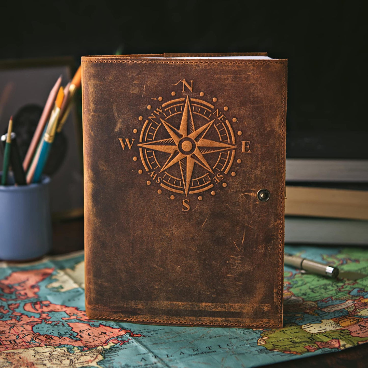 Travel Journal Series by Modest Goods - Refillable Leather Cover and A5 Notebook - Travel Accessories for Men & Women - Great for Traveler Adventure Journal, Vacation Scrapbook, Planner (Compass)
