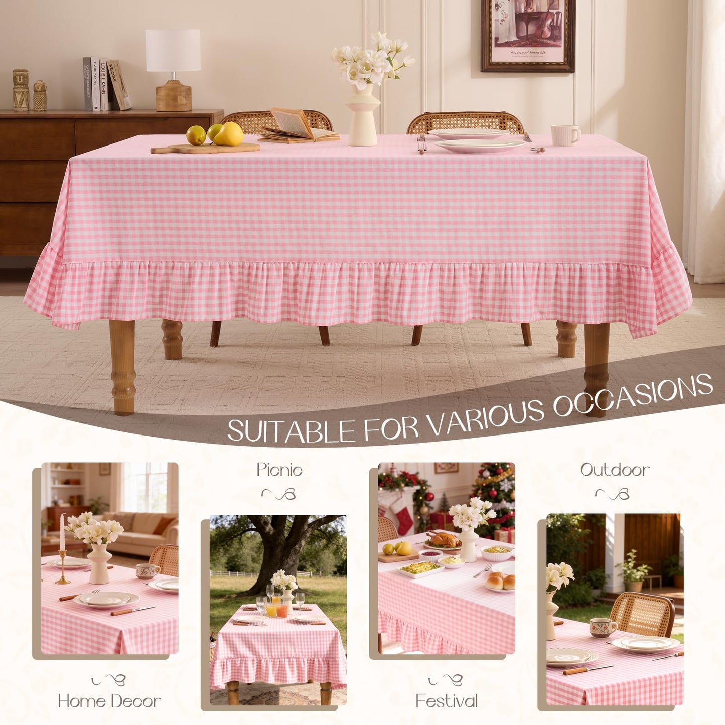 Romanstile Gingham Ruffled Tablecloth Rectangle - Waterproof Linen Cotton Checkered Table Cloth, Outdoor Plaid Table Cover for Picnic, Camping, Party - 60 x 84 Inch, Pink