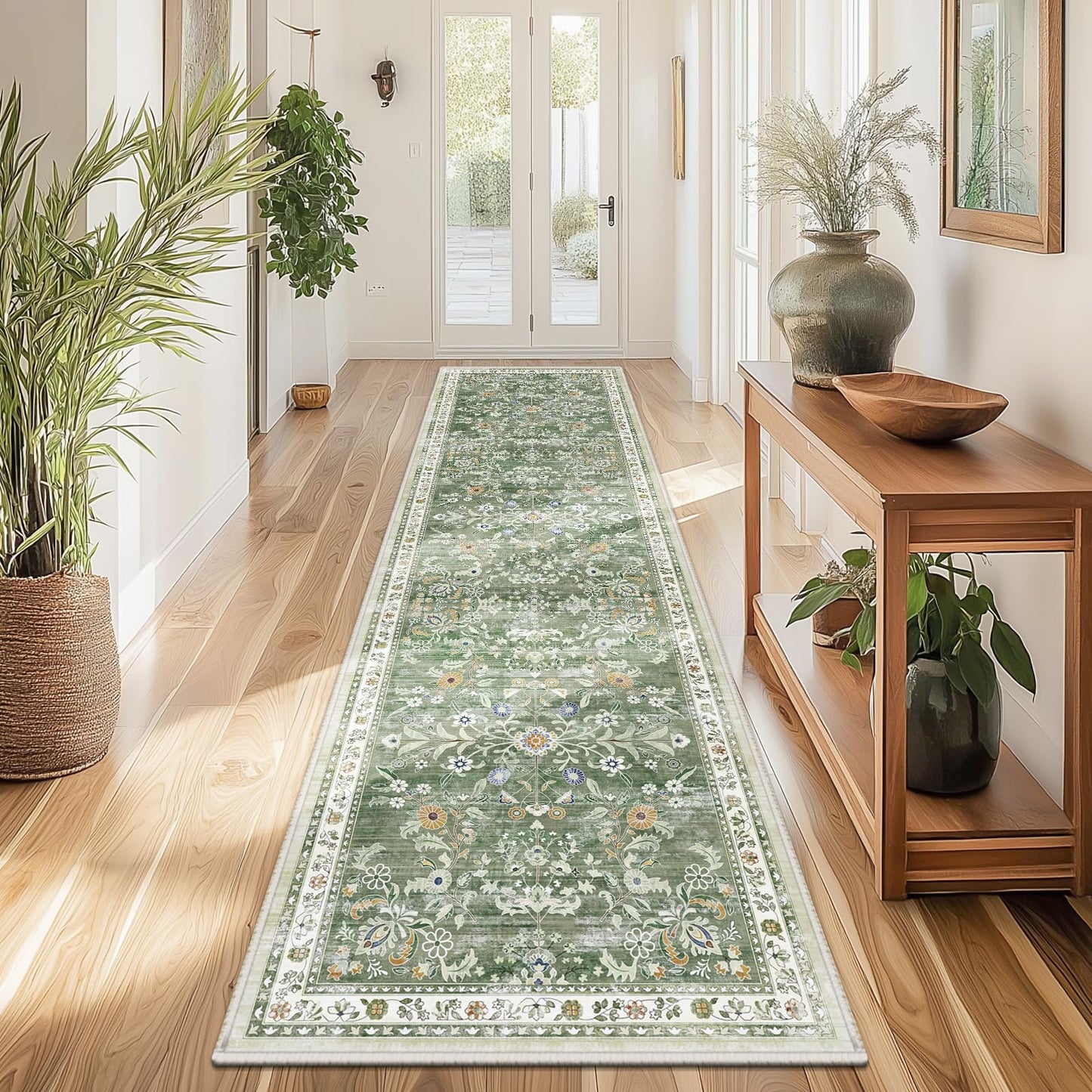 Yamaziot Washable Runner Rug 2x8 – Non Slip Boho Floral Hallway Runner Rug with Rubber Backing, Low Pile Wool Distressed Carpet for Kitchen, Laundry, Bedroom, Entrance, Mottled Green