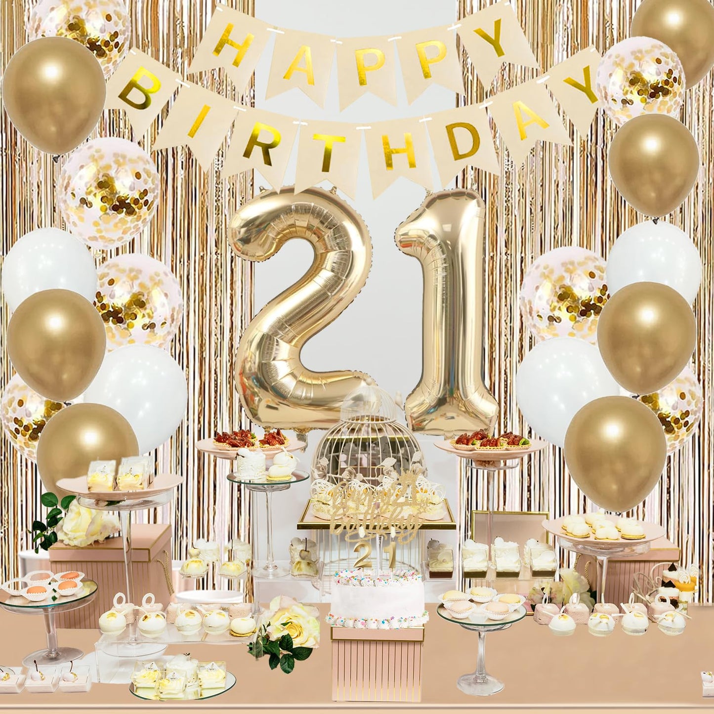 Trgowaul 21st Birthday Decorations for her, Champagne Gold Happy 21st Birthday Supplies for Girls, 21 Sash and Crown, Banner, Fringe Curtains, Cake Topper, 21 Year Old Party Supplies Set