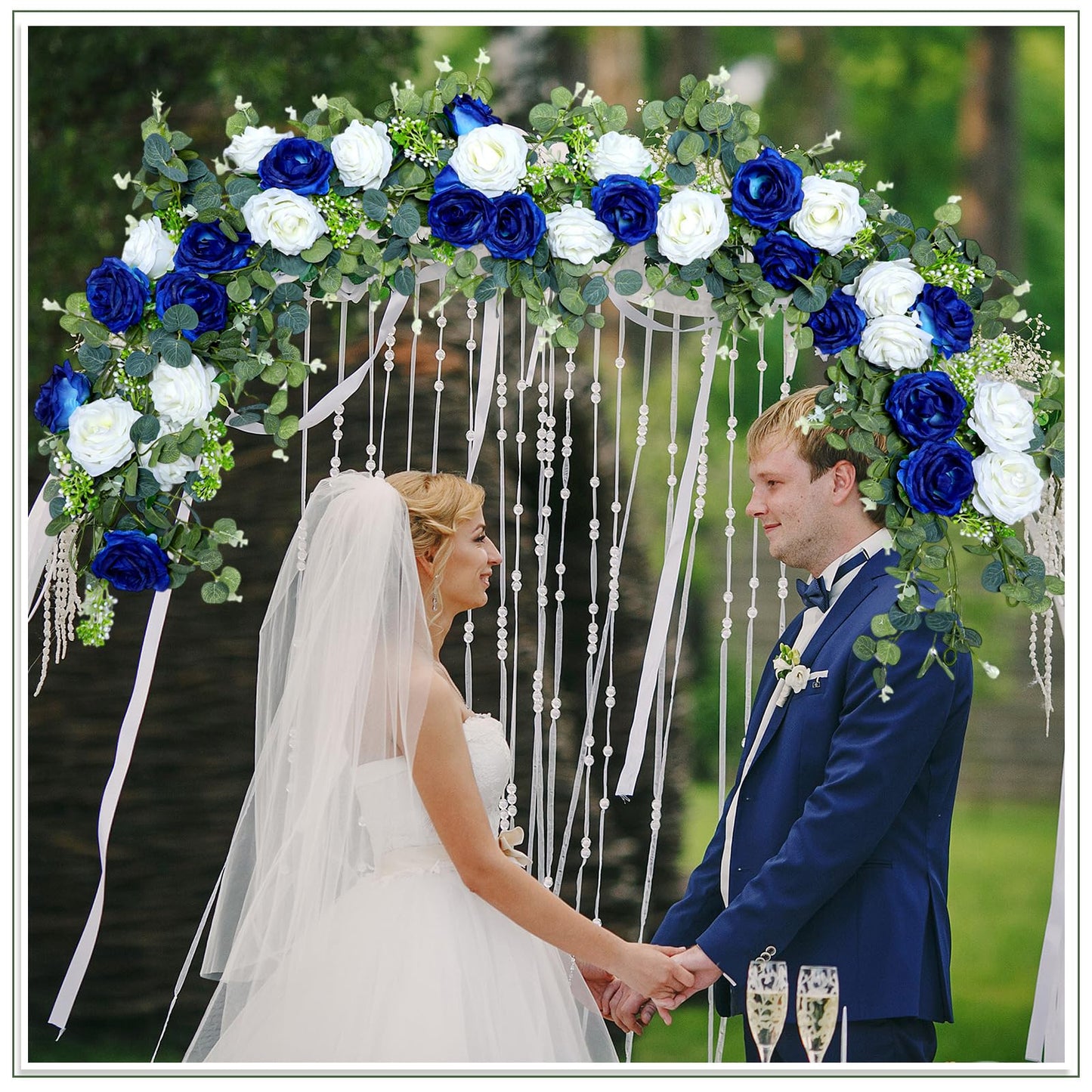 Riceshoot 4 Pcs 26 ft Artificial Eucalyptus Vines Garland with Flowers Faux Floral Greenery Garlands Rose Wreath for Wedding Party Arch Table Decor Backdrop Decorations (Blue and White)