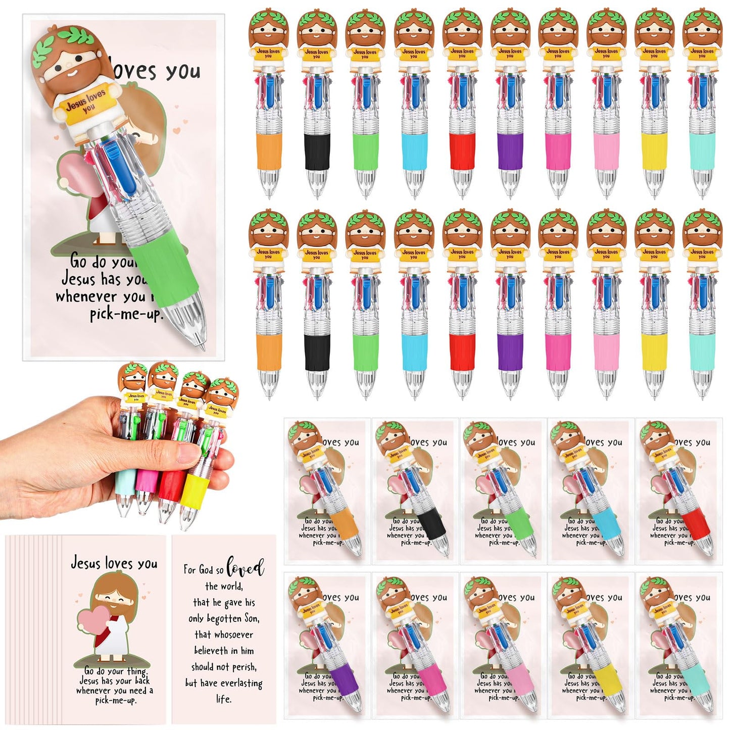 Sayglossy 100 Sets Christian Little Jesus Figure Pens Gifts Bulk, 4-in-1 Jusus Loves You Multicolor Ballpoint Pen Favor with Positive Cards for Friends Church Member Prizes Reward