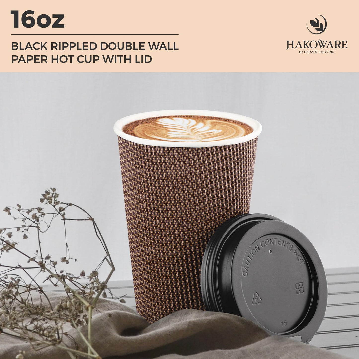 [85 SET]Harvest Pack 16 oz Disposable Coffee Cups, Insulated Ripple Double-Walled Paper Cups with Lids, Brown Geometric, Hot Paper Cups for Tea Chocolate Party Drinks To go coffee cups