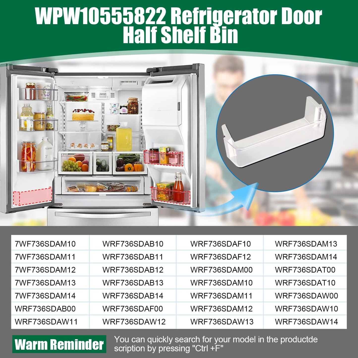 Ratiekc WPW10555822 Refrigerator Door Shelf Bin Compatible with Whirlpool Door Bin Replace AP6022900 3021867 PS11756237 WRF736SDAM00 WRF736SDAM10 WRF736SDAM11 WRF736SDAM12 WRF736SDAM13 WRF736SDAM14