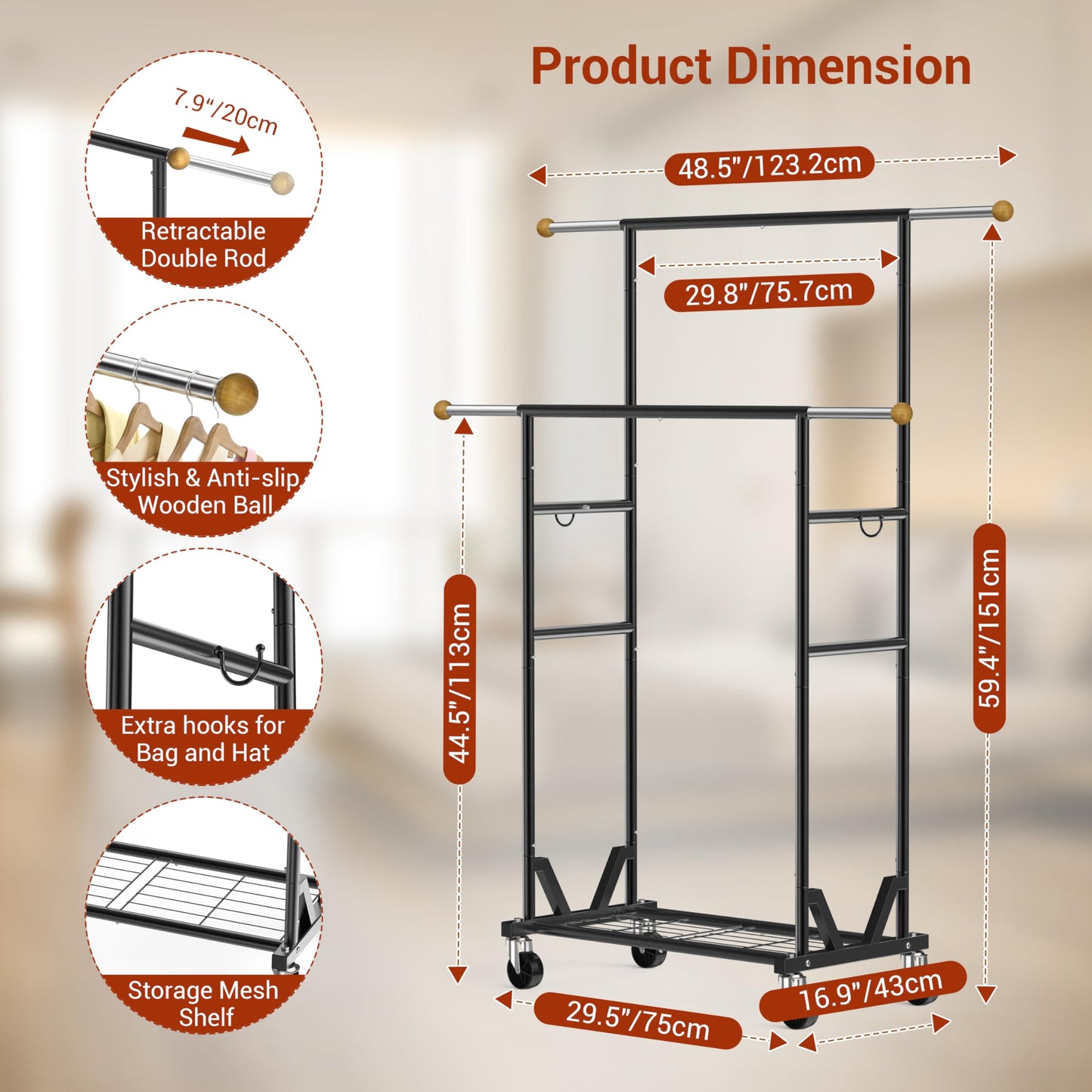 HRUSGO Rolling Garment Rack - Double Rod Clothes Rack with Lockable Casters, Mesh Storage Shelf & Anti-Slip Wooden Finials accented - Sleek Black Freestanding Closet Organizer for Coats, Dresses