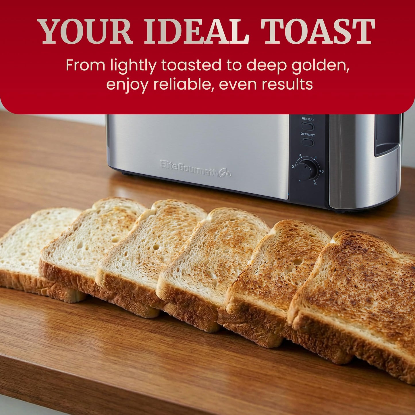 Elite Gourmet ECT3200 2-Slice, 1 Long Slot, Slim Toaster, Reheat, 6 Toast Settings, Defrost, Cancel Functions, Built-in Warming Rack, Extra Wide Slots for Bagels Waffles, Stainless Steel & Black