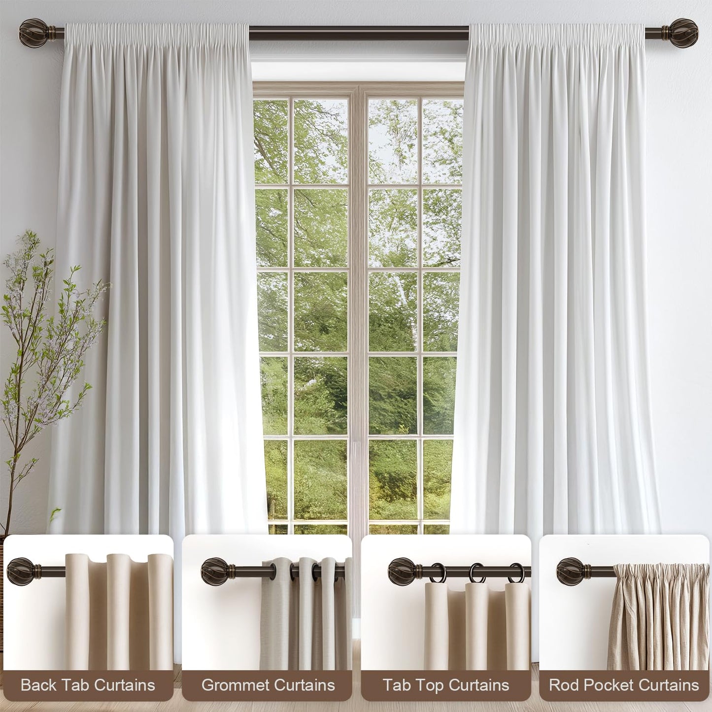 Lootkell Bronze Curtain Rods for Windows 48 to 84 Inches Adjustable Length Heavy Duty 7/8" Diameter Brown Window Curtain Rod with Decorative Finials for Outdoor Farmhouse Bedroom Kitchen Living Room