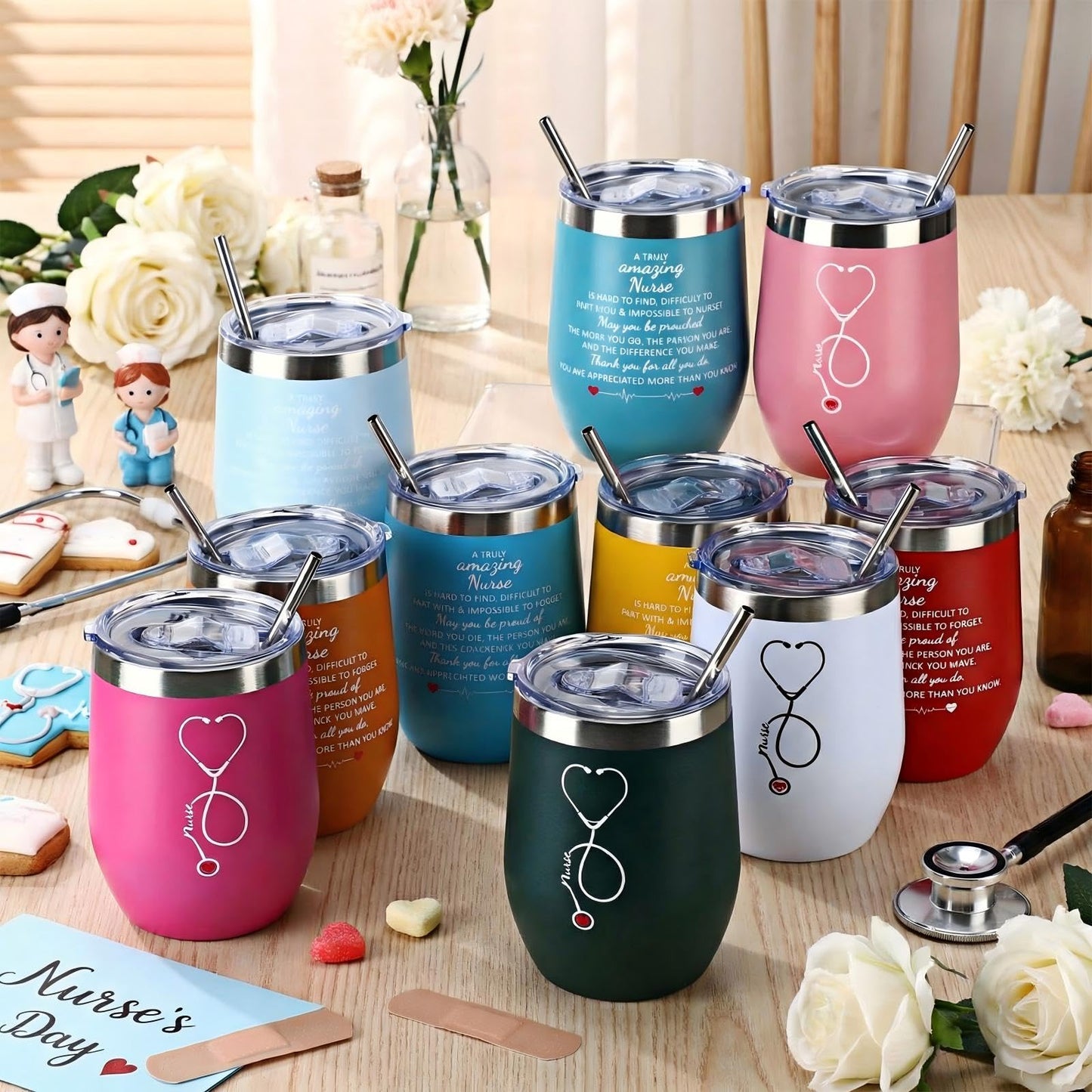 Skylety 12 Pack Nurse Gifts for Women Nursing Appreciation 12 oz Stainless Steel Wine Tumbler with Lid Insulated Coffee Mug Thank You Gift for RN Students Graduation Nurse Week School (12 Colors)