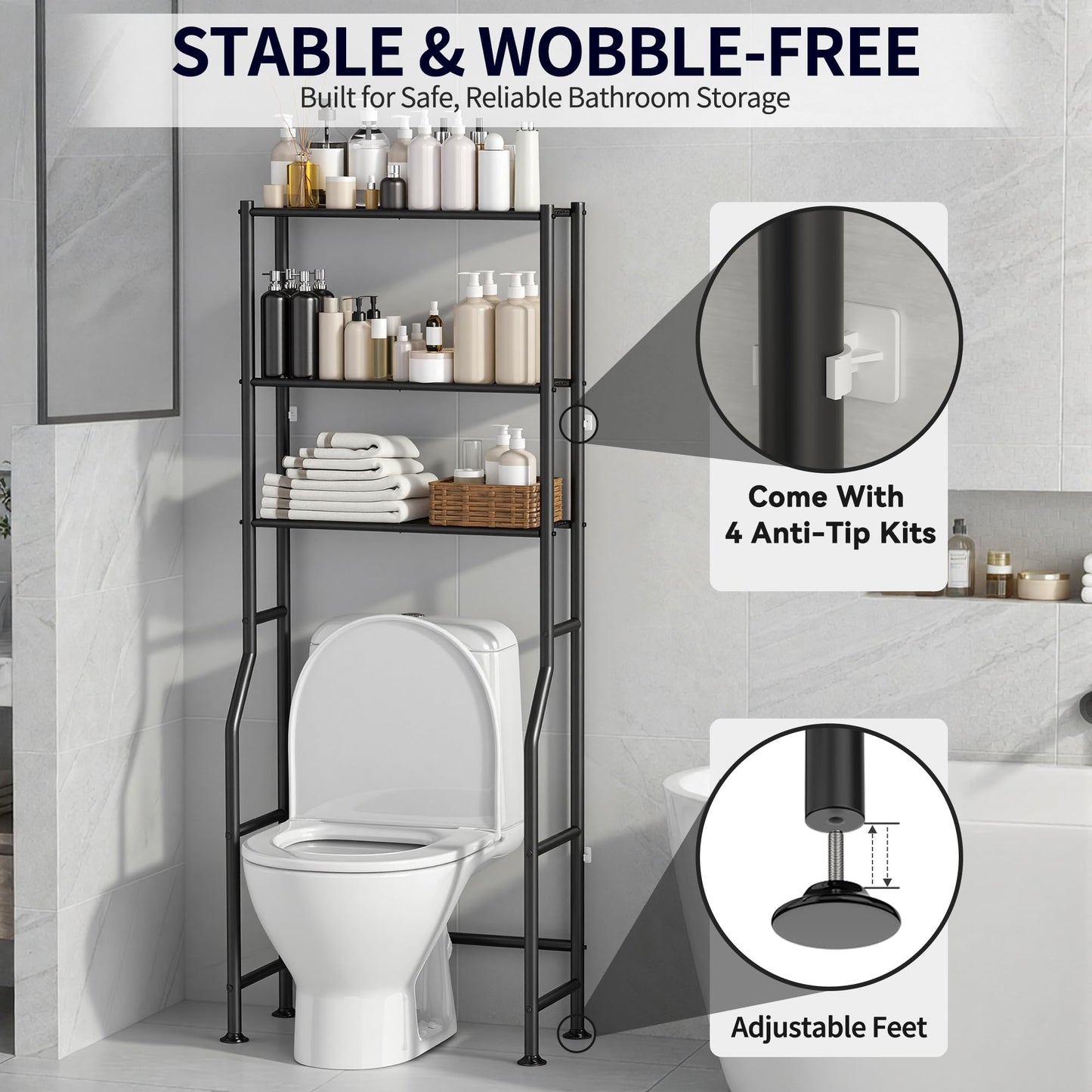 ASCENREST 3-Tier Over The Toilet Storage, Freestanding Metal Bathroom Shelves, Space Saver Above The Over Toilet Storage Shelf for Bathroom (Black)