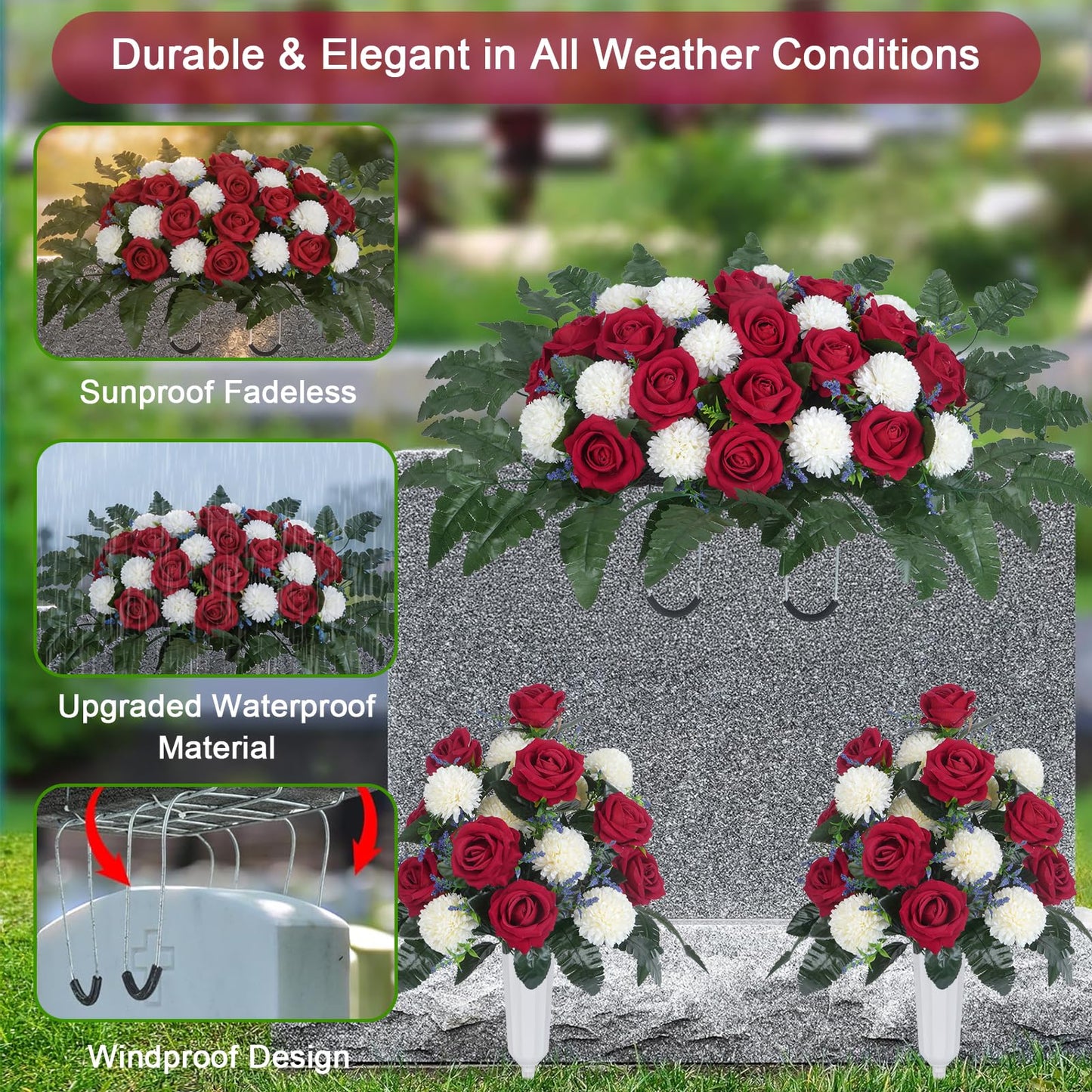 Luabue Artificial Cemetery Flower Headstone Flower Saddle 2 Chrysanthemum Rose Bouquets with Vase Memorial Flowers Grave Saddles for Headstone Outdoor Grave Tombstone Decor (Red White)