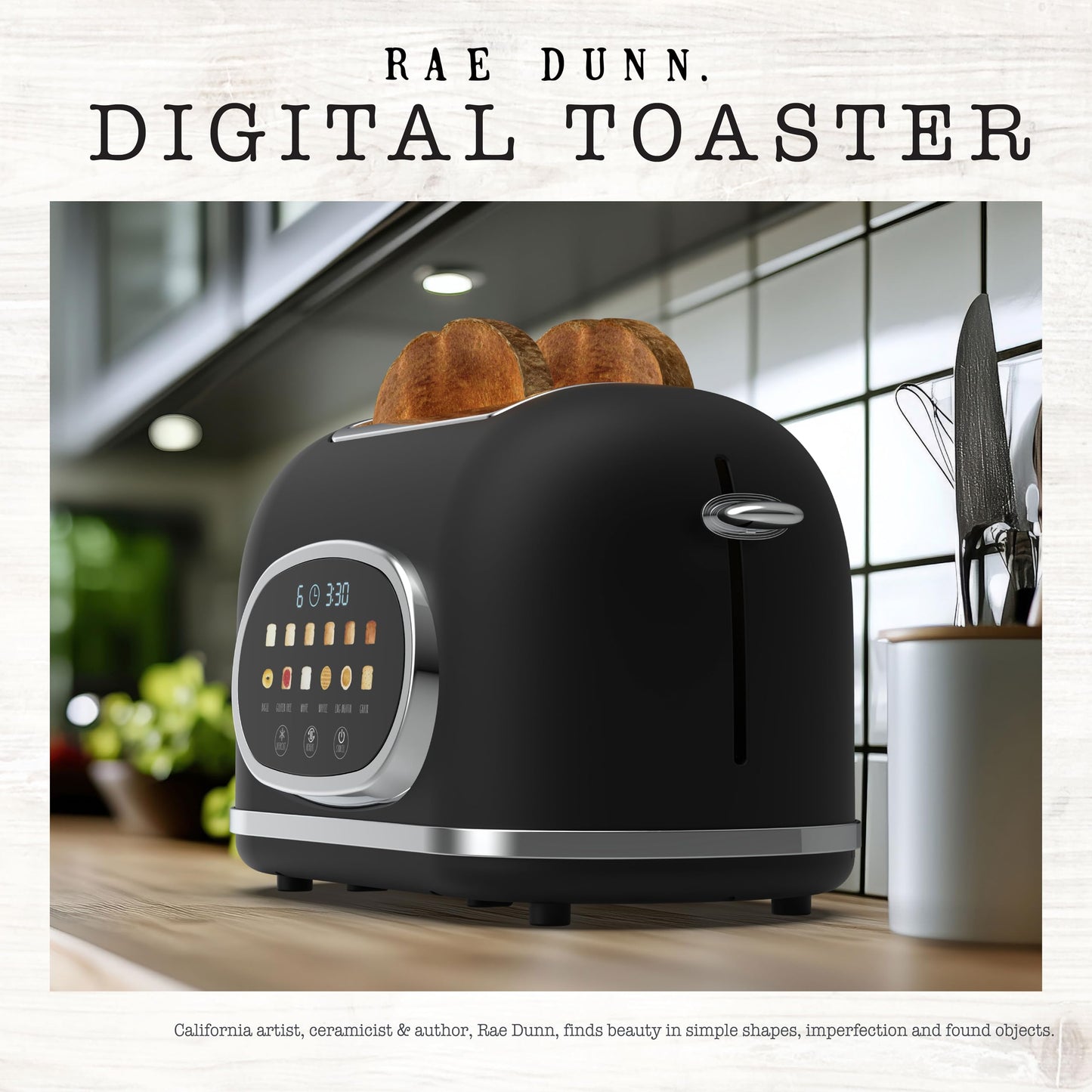 Rae Dunn Retro Digital Electric Toaster, 2 Slice Stainless Steel Toaster With Touchscreen, Countdown Timer, 6 Shade Settings, Wide Slots, High Lift Lever, Bagel, Defrost & Reheat, Digital Black