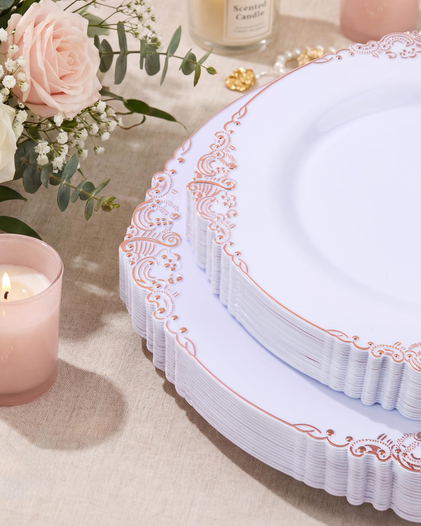 Morejoy 100 Pieces Rose Gold Plastic Plates - Rose Gold Disposable Plates - 10.25inch White Plastic Dinner Plates With Rose Gold Rim for Weddings & Parties & Graduation Party