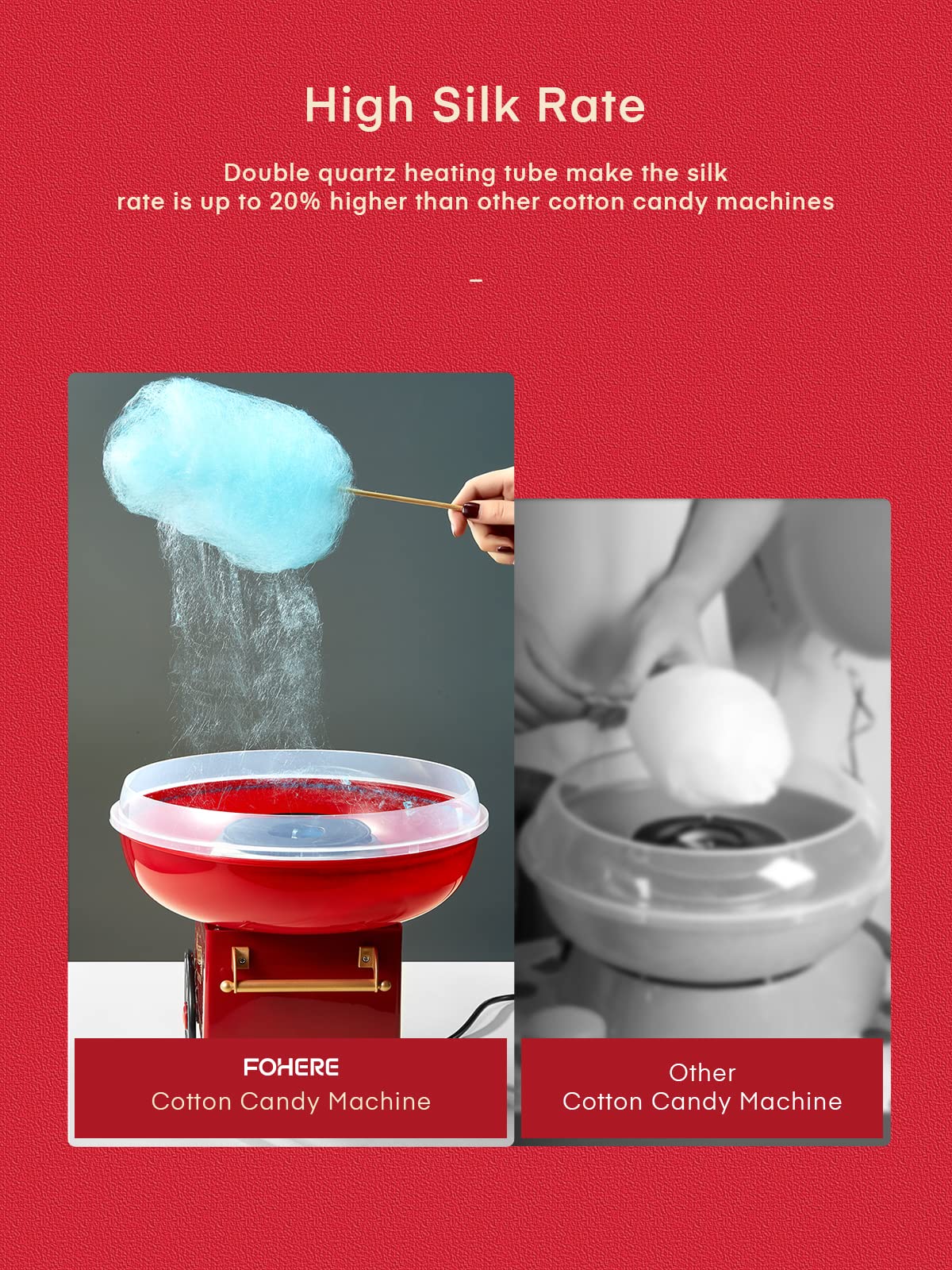 FOHERE Cotton Candy Machine for Kids, Countertop Cotton Candy Maker Homemade Candy Sweets for Birthday Parties, Includes a Scoop and 10 Candy Cones, Red Vintage