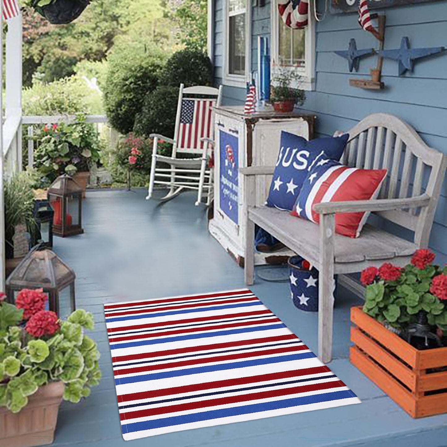 Bottalive USA 250th Anniversary Patriotic Doormat, 3' x 5' Red White and Blue Striped Outdoor Rug, Washable Farmhouse Front Porch Welcome Mat for Memorial Day, 4th of July, and Independence Day Decor