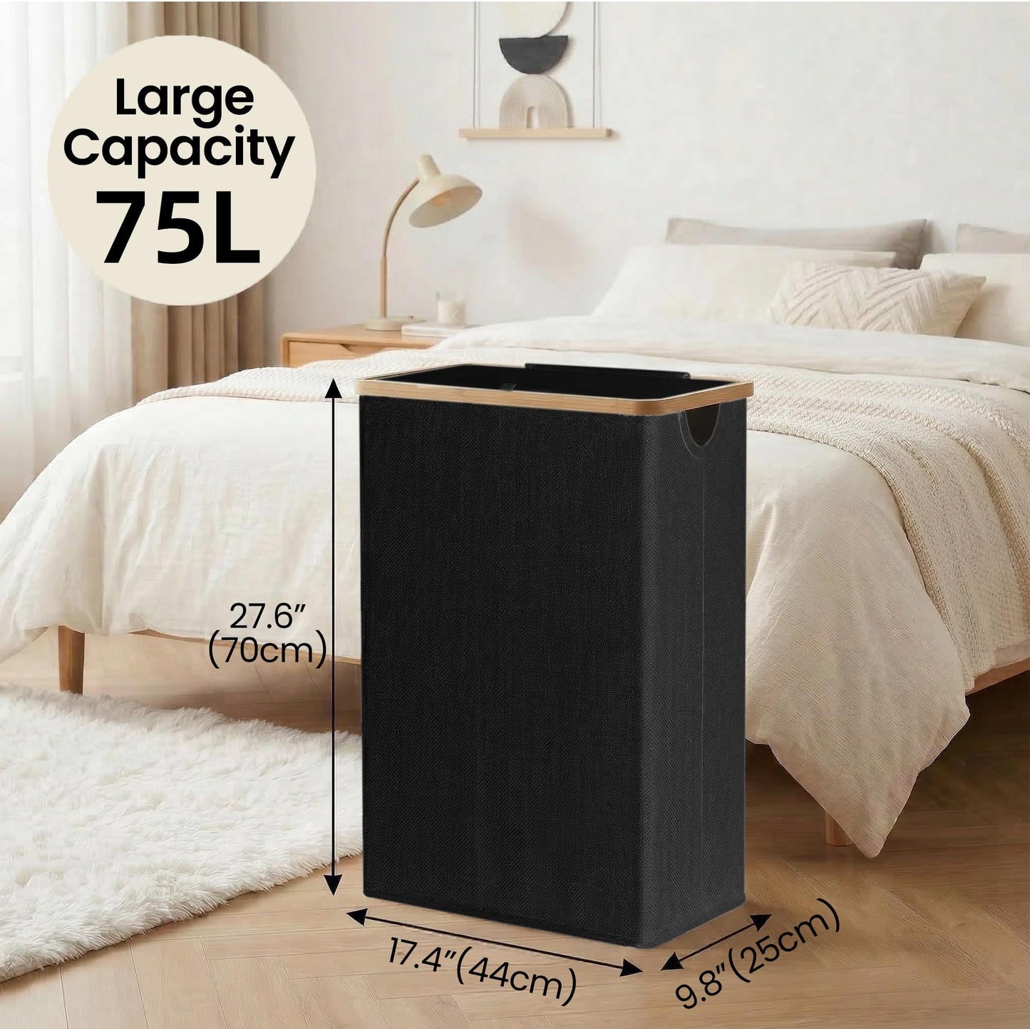 efluky Slim Laundry Basket with Lid, Narrow Laundry Hamper with Removable Bag, Skinny Dirty Clothes Basket with Bamboo Handles for Bathroom, Bedroom & Laundry Room, 75L Black