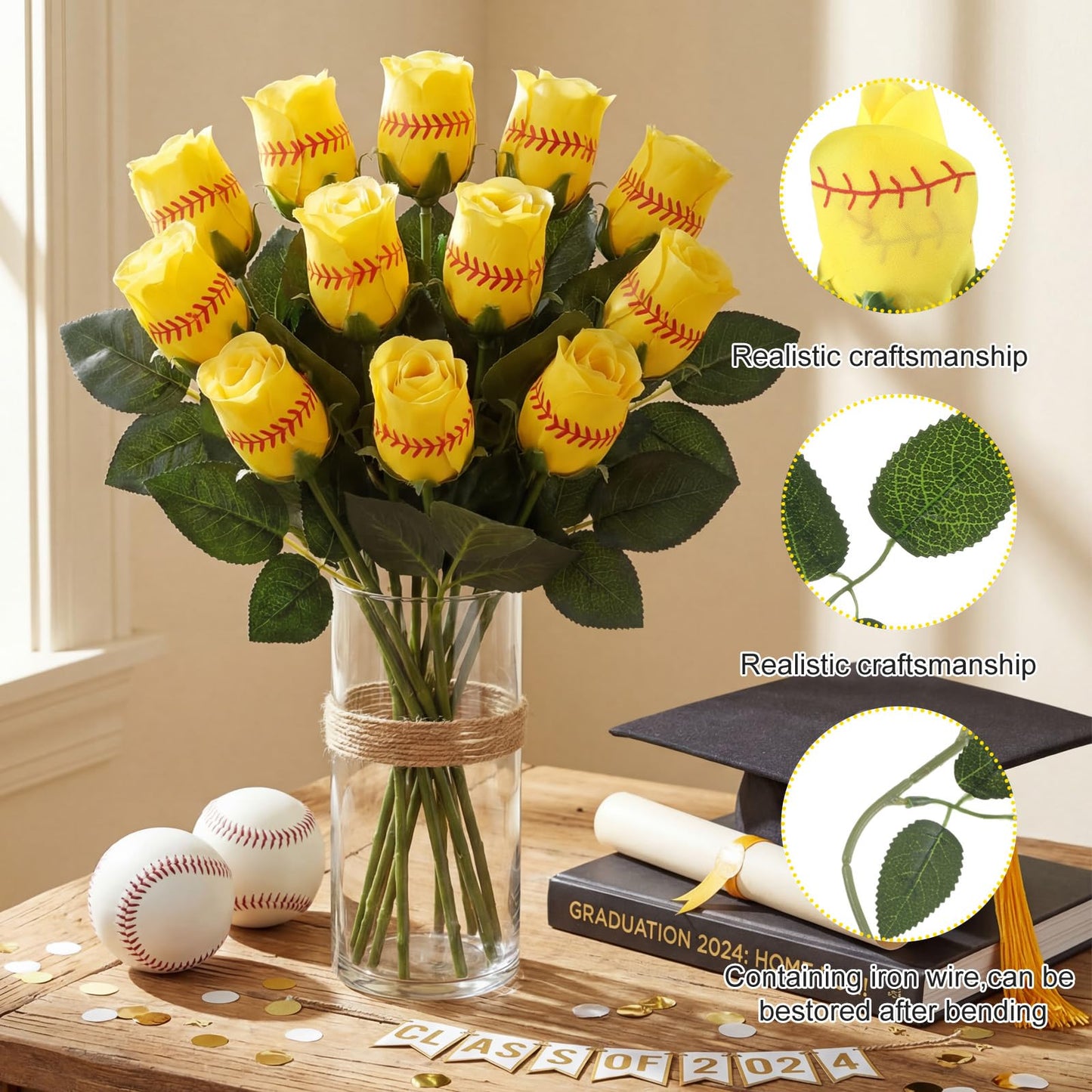 Hotop 12 Pcs Softball Roses with Leaves Artificial Yellow Rose Bouquet for Softball Team Senior Fans Coach Gift Sports Theme Graduation Wedding Party Decoration