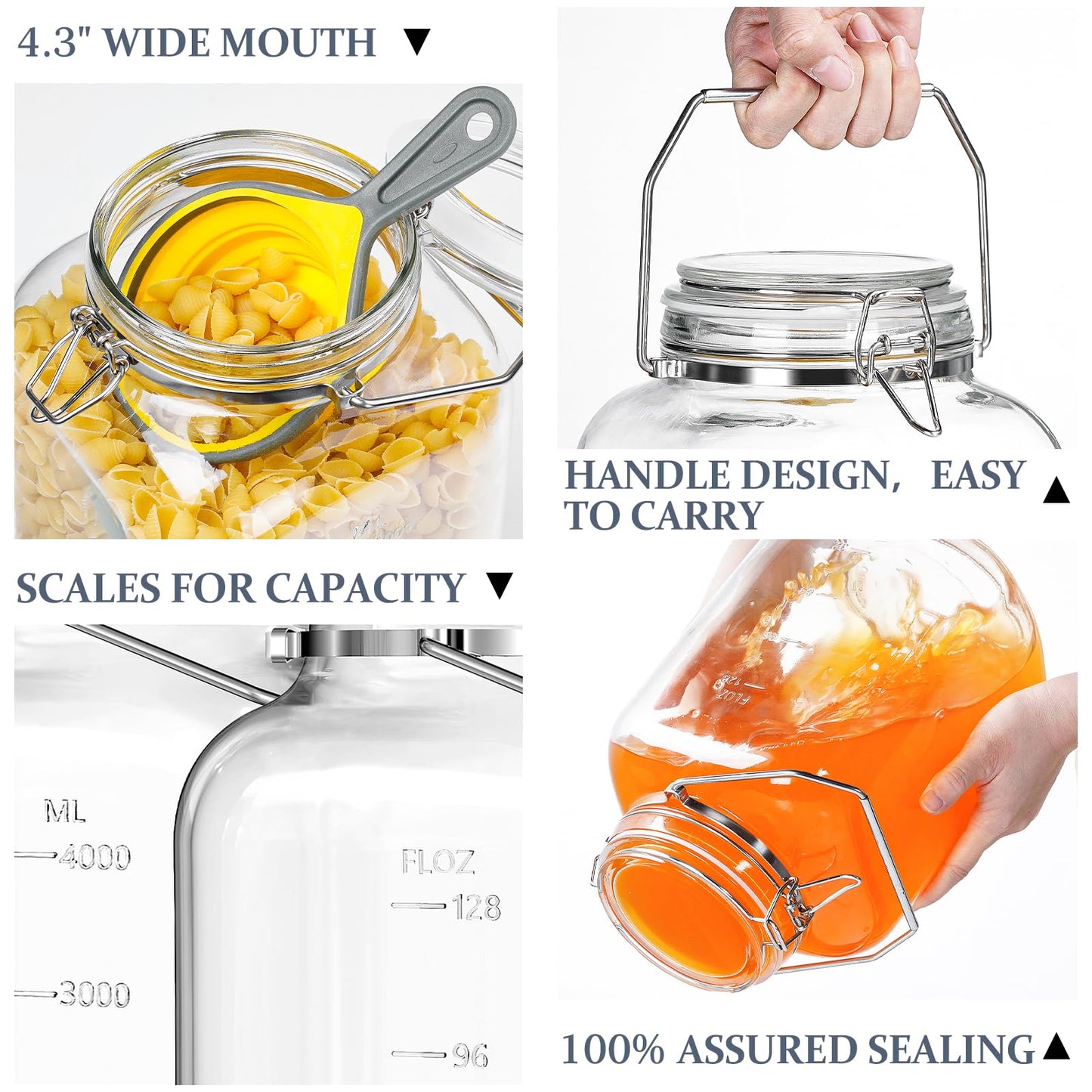 Folinstall 2 Pack 1.5 Gallon Glass Jar with Airtight Lid, 192 oz Square Wide Mouth Mason Jars with Stainless Steel Handle, Large Glass Storage Containers for Canning, Flour, Sugar, Rice, Pickled Eggs