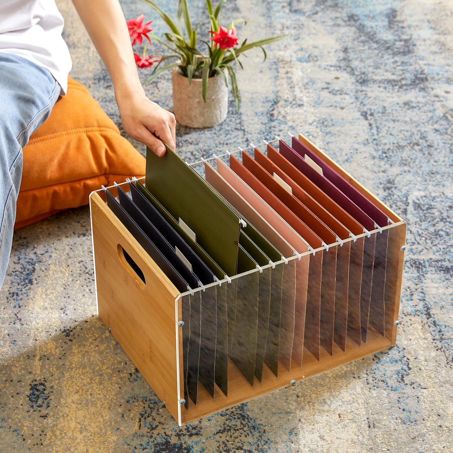 Sbanmao Letter/Legal Bamboo Acrylic File Box Organizer, Hanging File Folder Storage Boxes, Decorative Document Crate Transparent Filing Bin with Handle for Home Office Desk