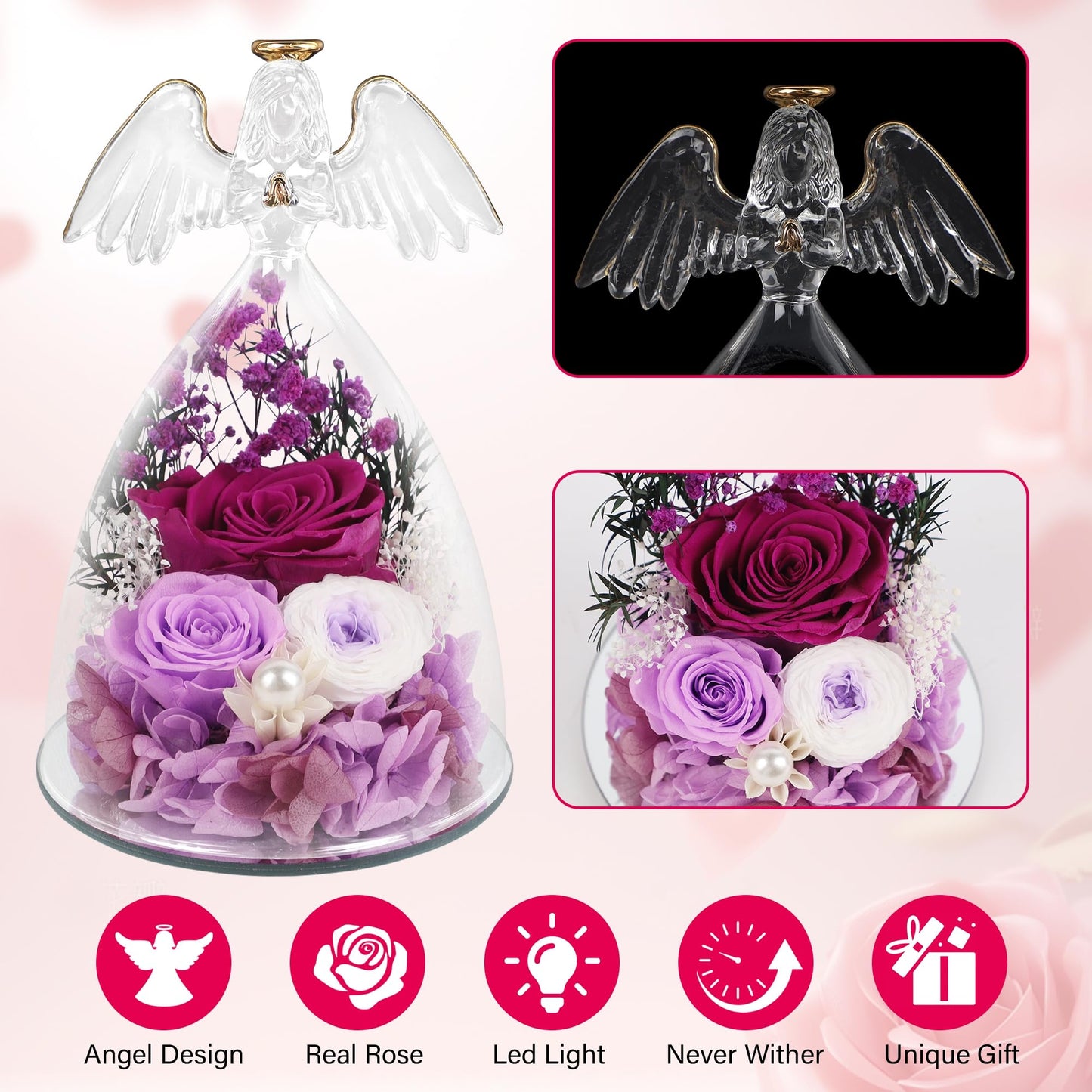 YOFIT Gifts for Women Mom Mother's Day-Preserved Roses in Glass Angel Figurine, Forever Fresh Flowers for Her Grandma, Gifts for Valentines Birthday (Purple, Lights)