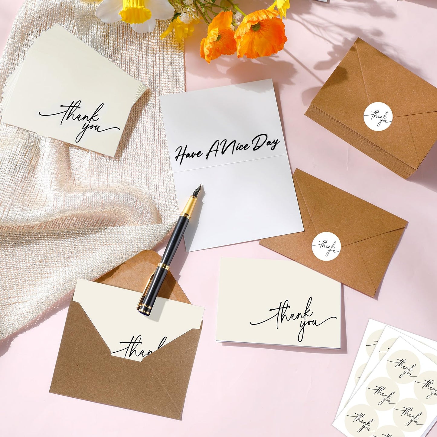 Gueevin 200 Pcs Thank You Cards with Kraft Envelopes and Stickers Bulk, 3.5 x 5 Inch Classy Blank Thank You Notes for Wedding, Business, Graduation, Baby Shower, Bridal Shower, Funeral(Cream)