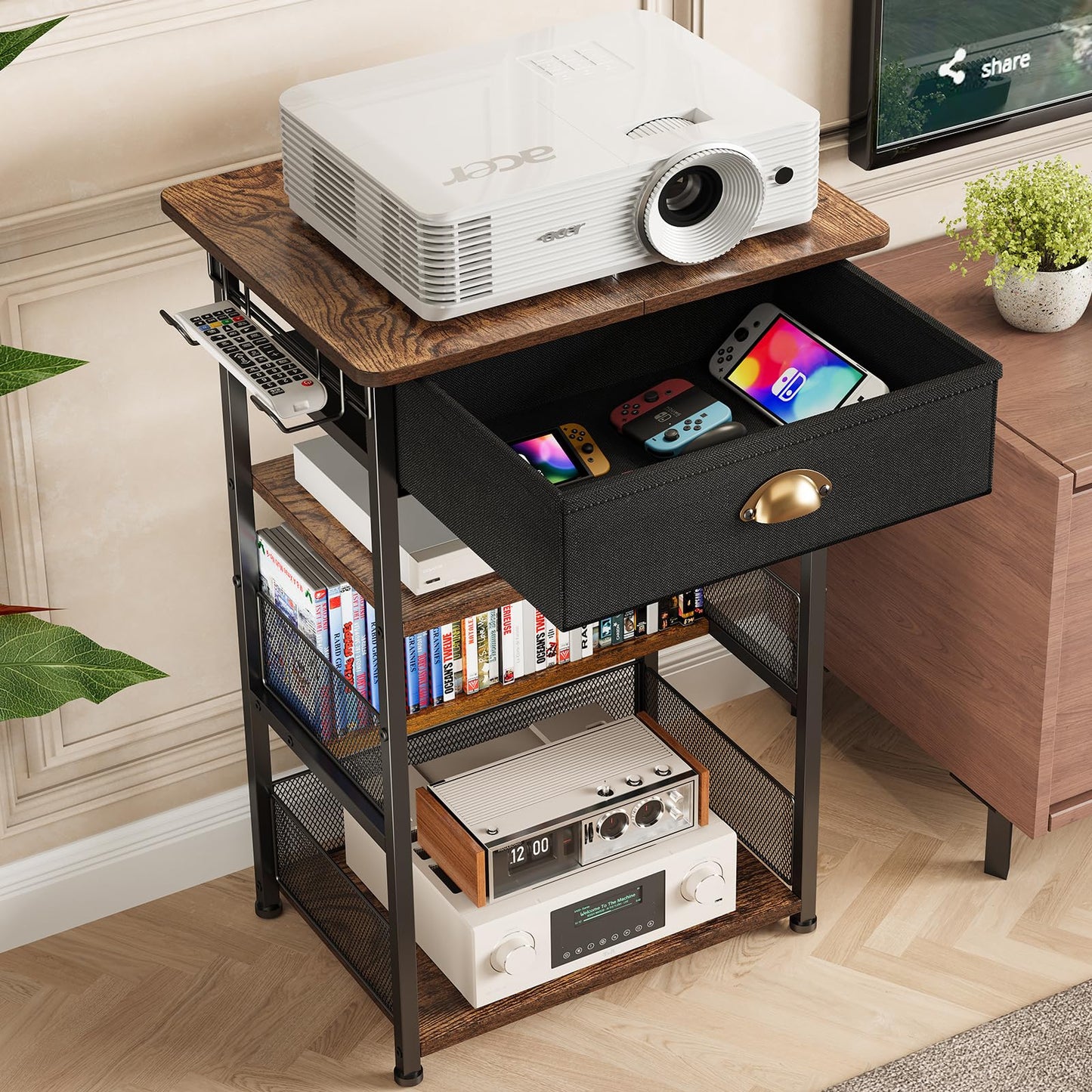 Hongtamoya 4-Tier AV Media Stand with Drawer, Video Game Console Shelf with 2 Hooks, Audio Rack Tower Perfect for/Xbox/ PS5/Switch/Game Consoles/DVD/Record Player/Projector/Sky Box/TV Accessories