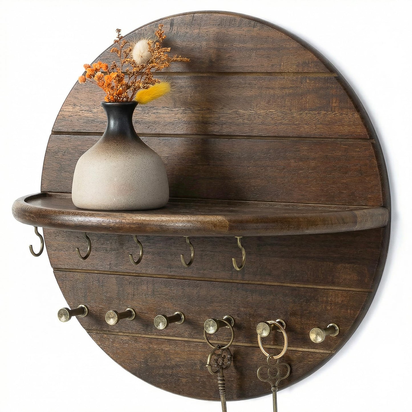 Rebee Vision Acacia Wood Decorative Key Holder Wall Mount for Home Decor- Farmhouse Round Key Holder for Wall with Shelf & 11 Hooks - Rustic Mail Organizer for Apartment Essentials (Dark Acacia)