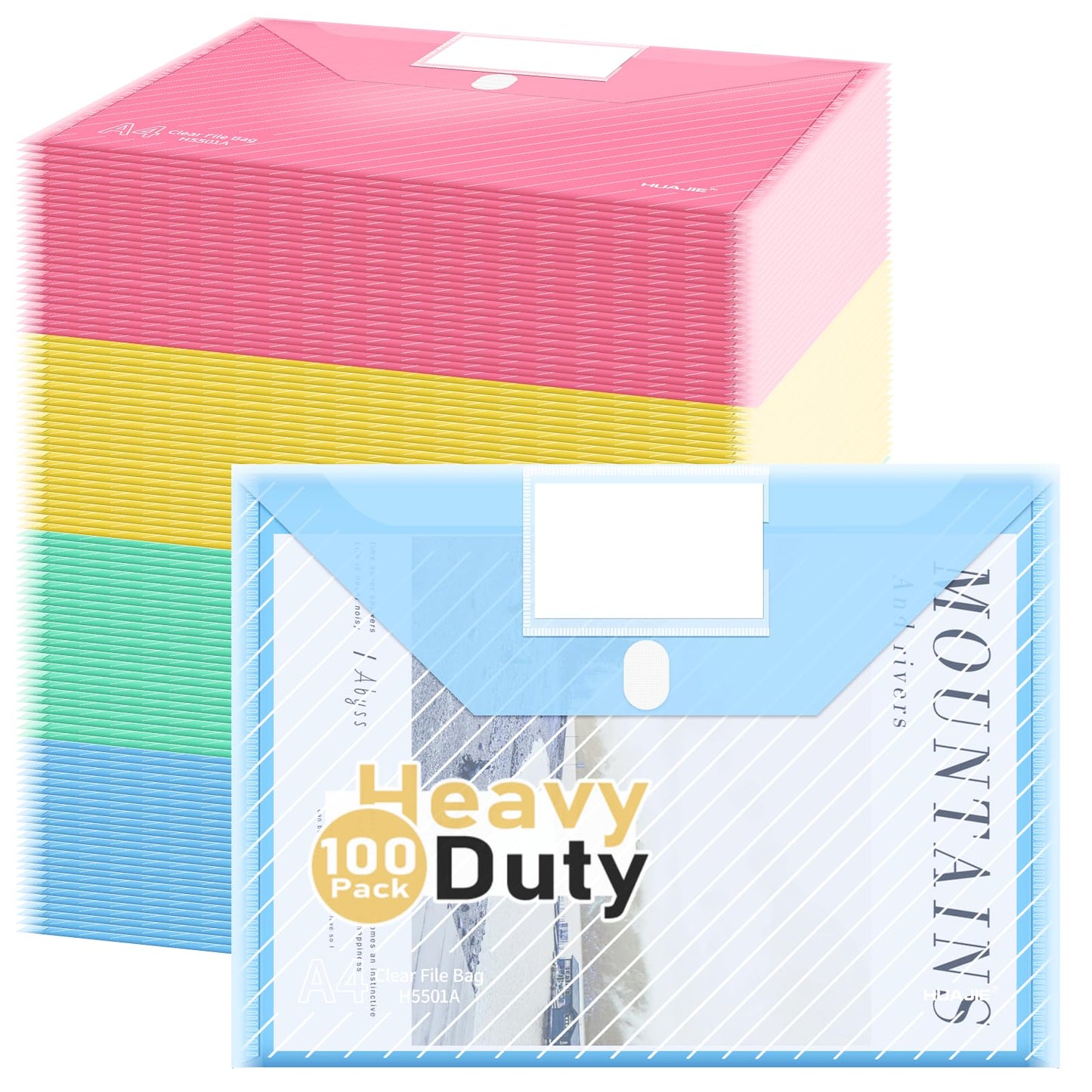 WORPSON 100 Pack, Plastic Envelopes File Folders, HeavyDuty Document Folder for Letter and A4 Size, Clear Document Holder with Label Pockets for School Home Work Office Organizer (100)