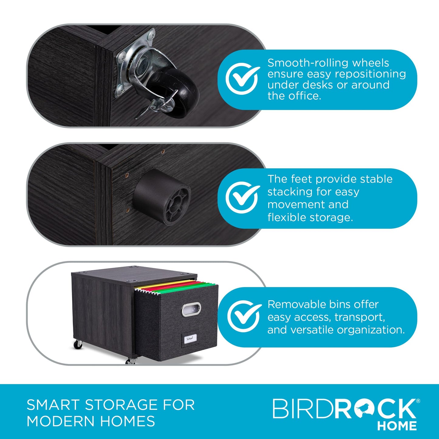 BIRDROCK HOME Rolling File Cabinet – Decorative Storage Shelf w/Removable Bins, Handles, and Wheels – Organize Files, Books, Toys, Under Desk Office Solution, Modern Design - 1 Lateral Drawer, Gray