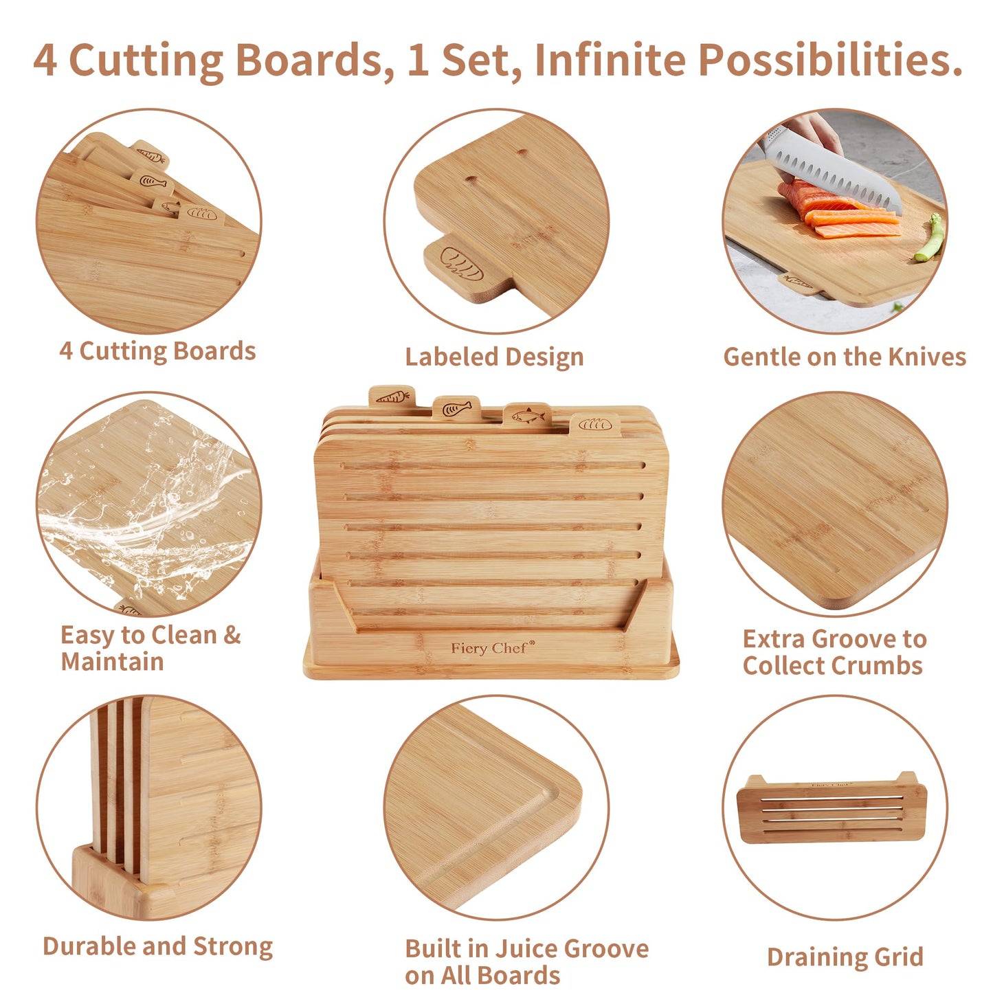 Fiery Chef 12.6"L x 9"W Bamboo Cutting Board Set of 4 - Wood Cutting Board Set with Holder, Chopping Boards Set with Food Icons, Juice Groove - Ideal for Meat, Fish, Bread, Vegetable, Fruit Chopping