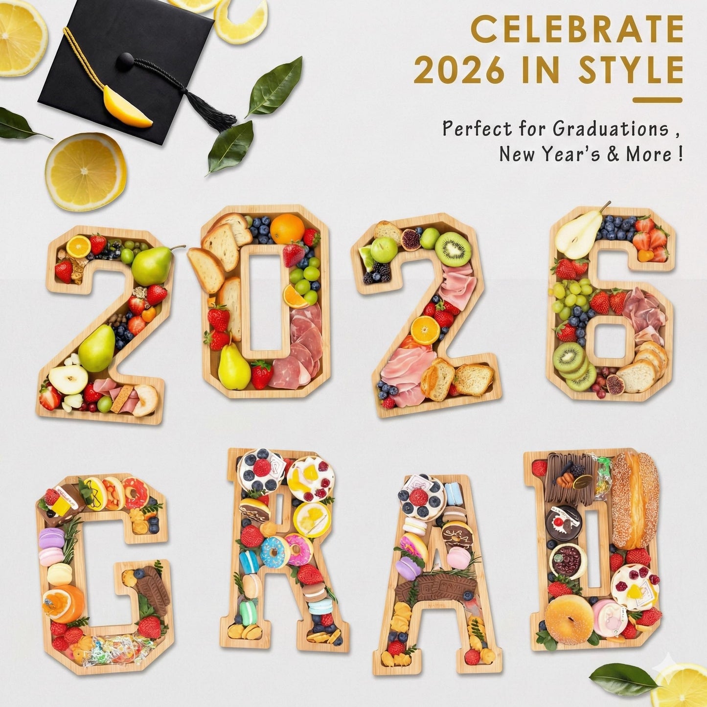 Nsoyos 4PCS Wooden Graduation Decorations Number Charcuterie Board Box-(with 14 Balloons) 2026 Charcuterie Numbers Fillable Food Graduation Party Supplies