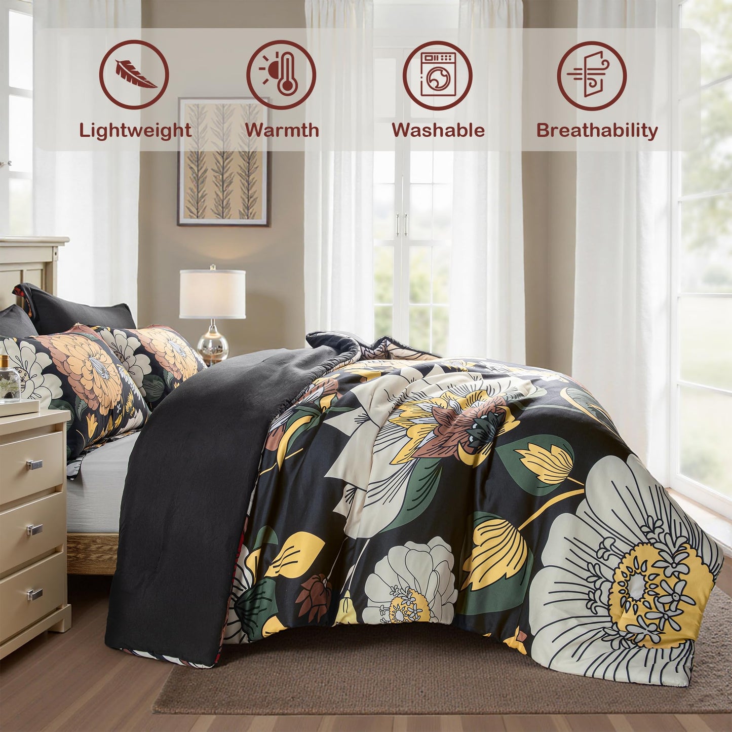 Tyrot Black Boho Floral King Comforter Set - 3 Piece Farmhouse Botanical Bedding Comforter Sets for All Season Soft Lightweight Mid Century Bed Set, (1 Reversible Comforter and 2 Pillow Shams
