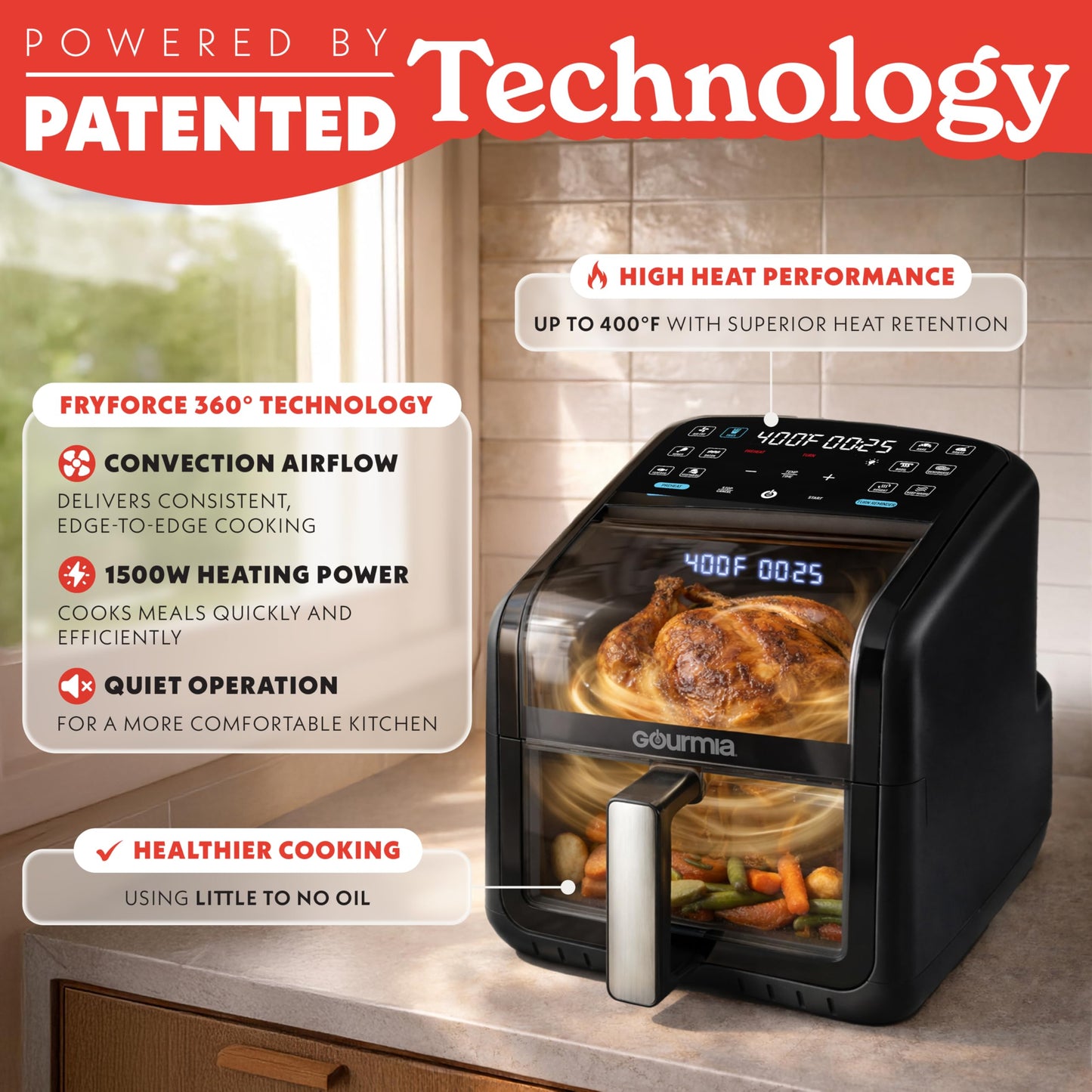 Gourmia Air Fryer 7 QT - Easy View Panorama Window & Interior Light, Guided Cooking with 12 One-Touch Presets, FryForce 360, Dishwasher Safe Accessories, Black