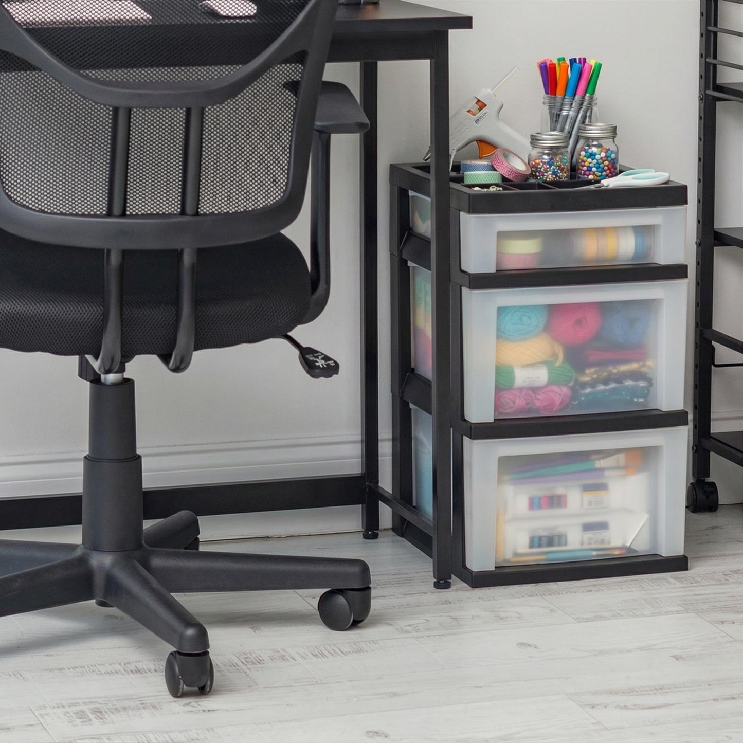 IRIS USA Plastic Drawer Storage Organizer Rolling Cart, 3-Drawers, for Classroom Art Craft Supplies Dresser Closet Bathroom Laundry Room, Black/Pearl