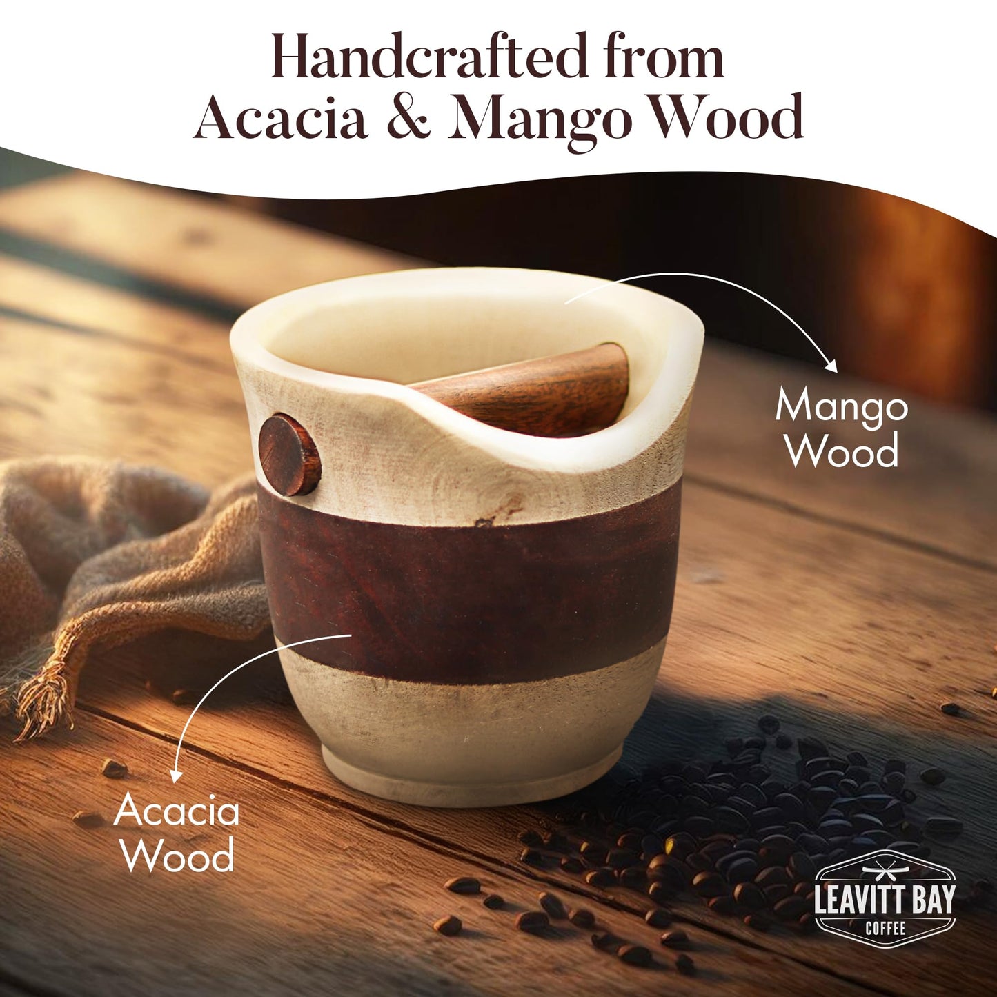 Leavitt Bay Espresso Knock Box – Dual Tone Mango & Acacia Wood Coffee Knock Box – Handcrafted, Durable Coffee Grounds Disposal Container w/Skid Proof Felt Pad - Ideal Barista Tools for Cafes & More