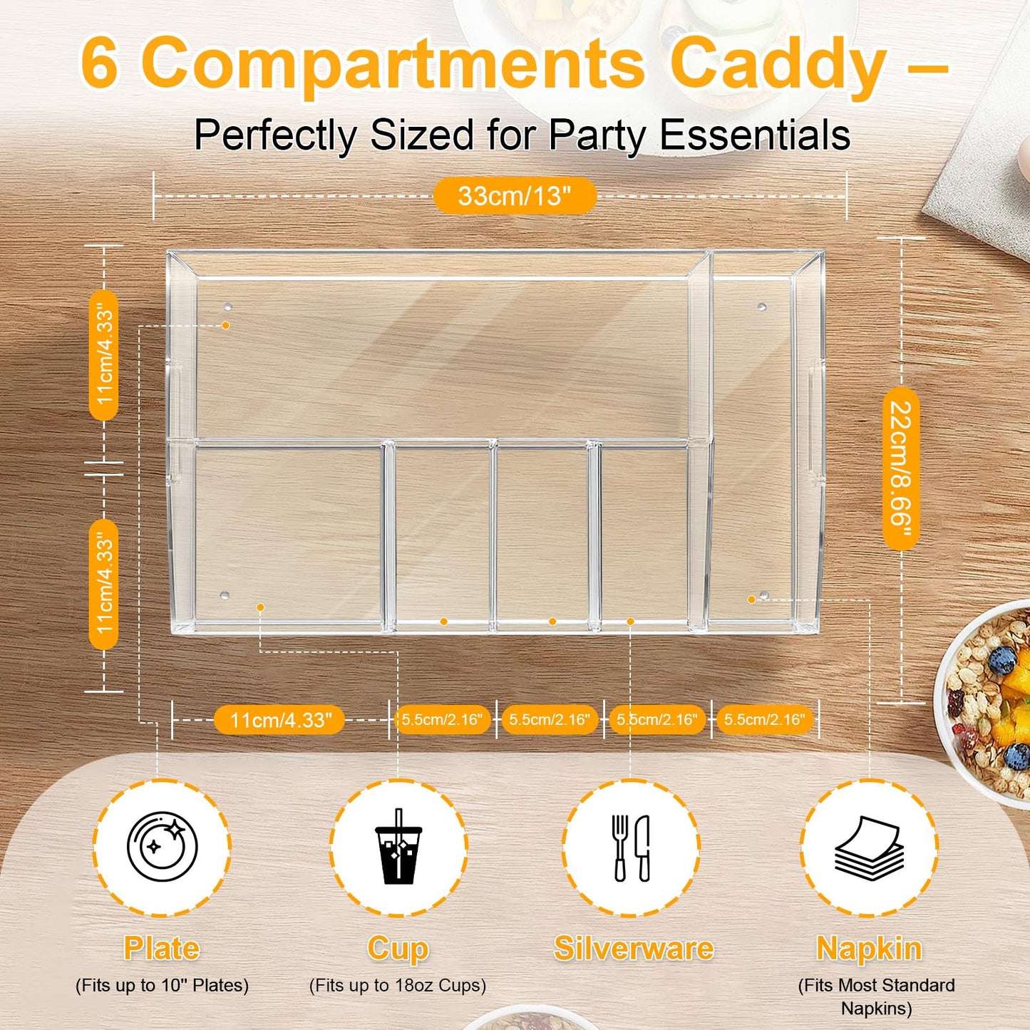 Truxwal Acrylic Paper Plate Organizer and Dispenser – Extra Capacity Plate and Utensil Caddy for Plates, Cups, Napkins and Cutlery, Ideal for Kitchen, Parties, Picnics, Weddings, and Outdoor Events