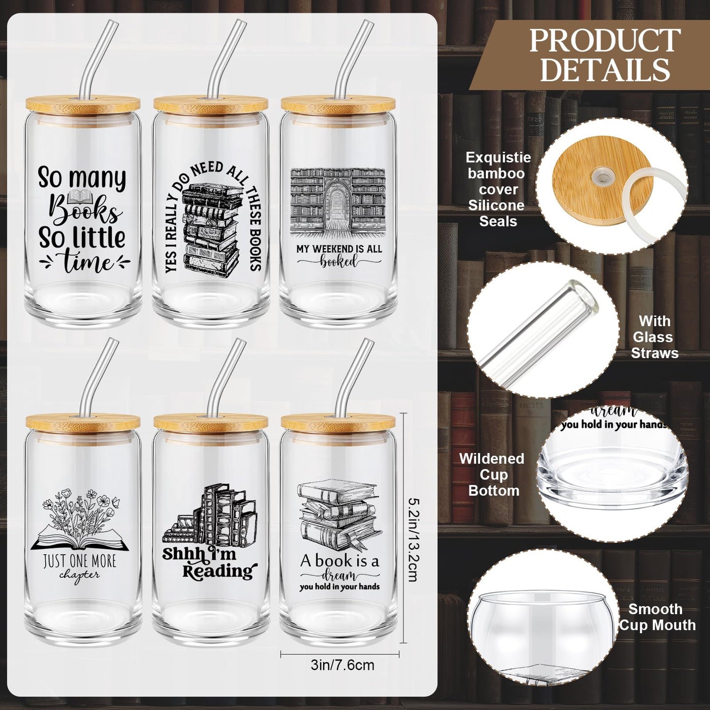 AmazingSpark 6 Sets Book Lovers Gift Bulk Book Club 16 oz Glass Cup Spiral Journal Notebook Bamboo Pen Card Envelope for Bookish Reader Teacher Student Librarian Graduation Appreciation Gift (Classic)