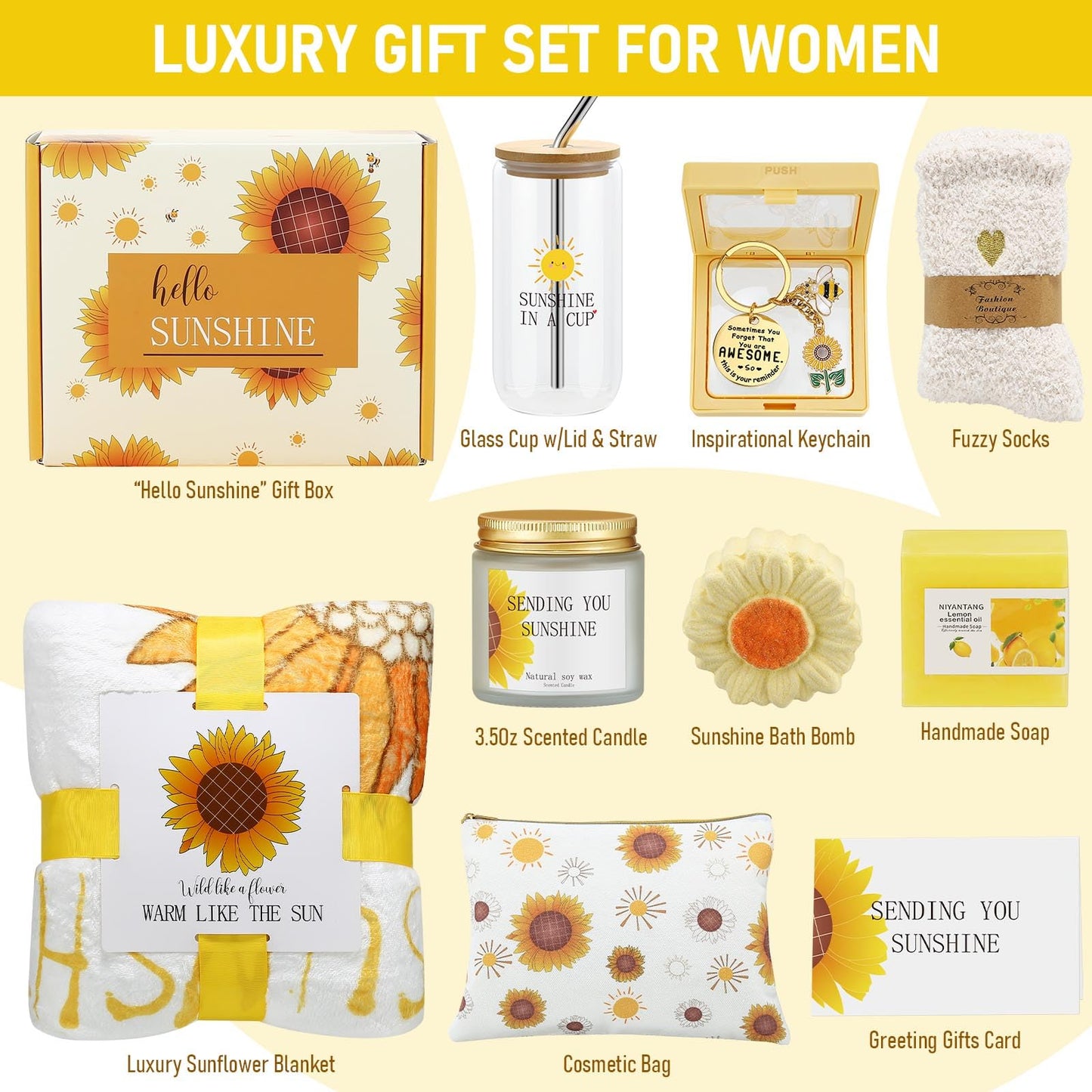 Mothers Day Gifts for Mom Wife Grandma, Sending Sunshine Self Care Get Well Gift Baskets, Relaxation Spa Gifts Set with Luxury Blanket, Birthday Gifts for Women Friend Mom Sister