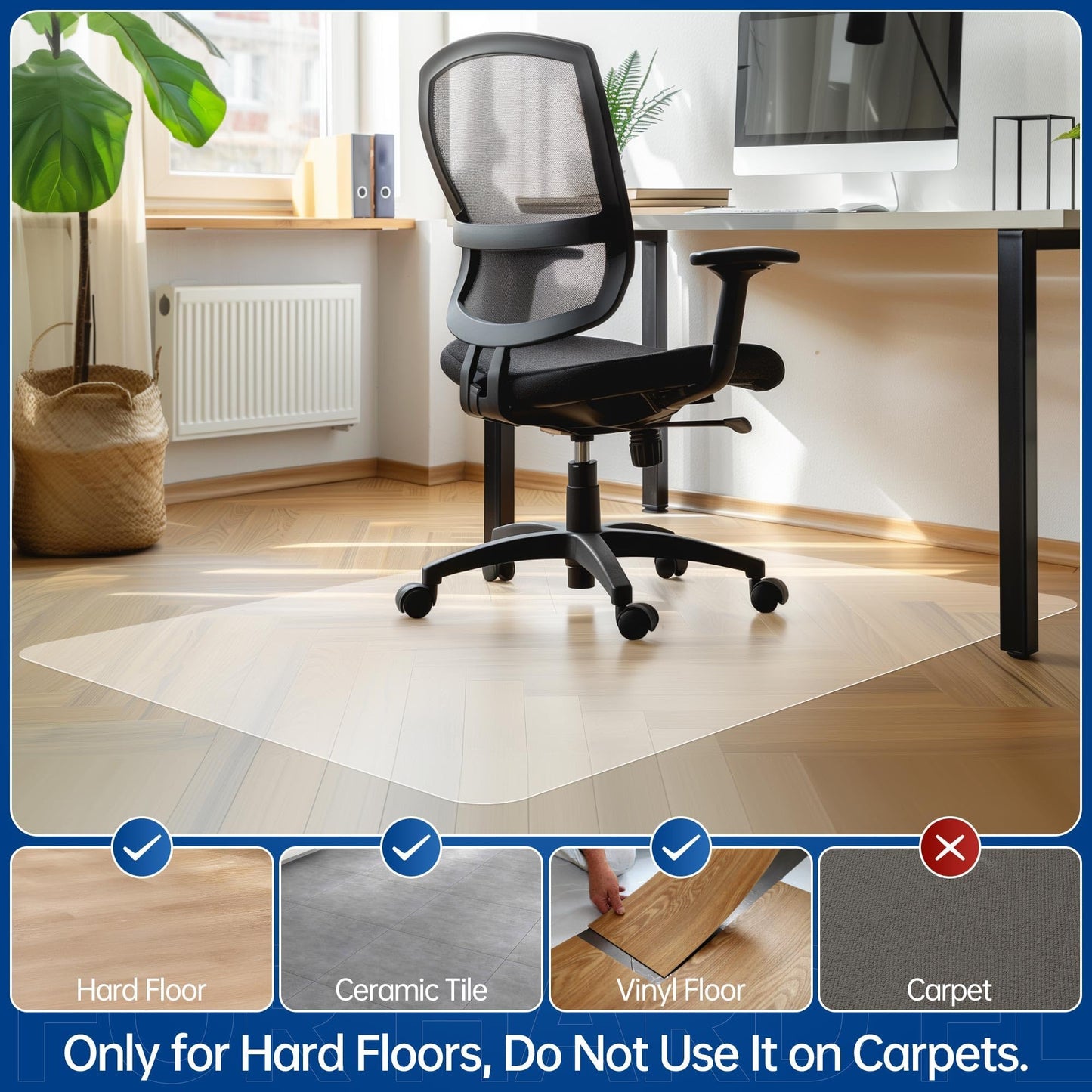 Naturei Office Desk Chair Mat for Hardwood Floors, 53" x 45" Clear Floor Protector Mat Under Desk, Large Anti Slip Plastic Chair Mat, Easy Glide, Rectangular