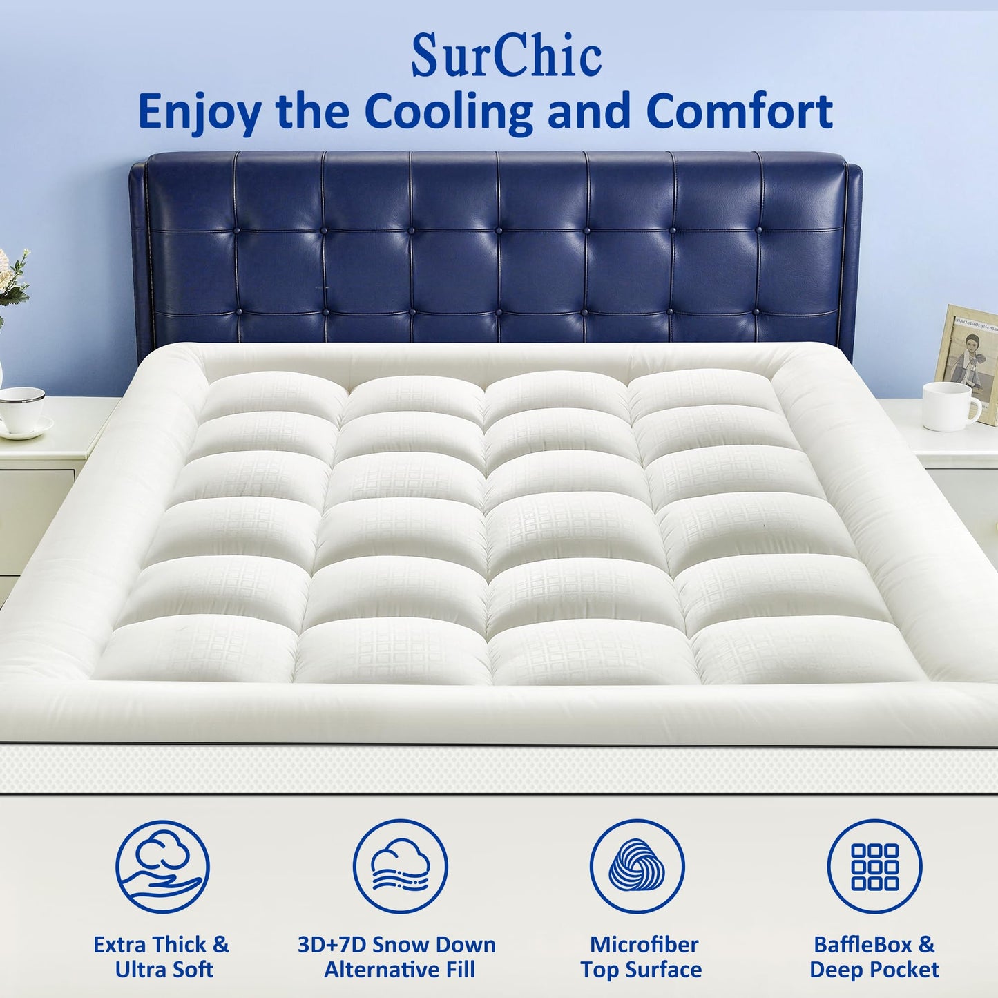SurChic Queen Size Mattress Topper for Back Pain, Soft Extra Thick Pillow Top Mattress Pad Cover with 1000GSM Down Alternative Filler, Cooling Breathable Plush Bed Topper Protector (8-21" Deep Pocket)