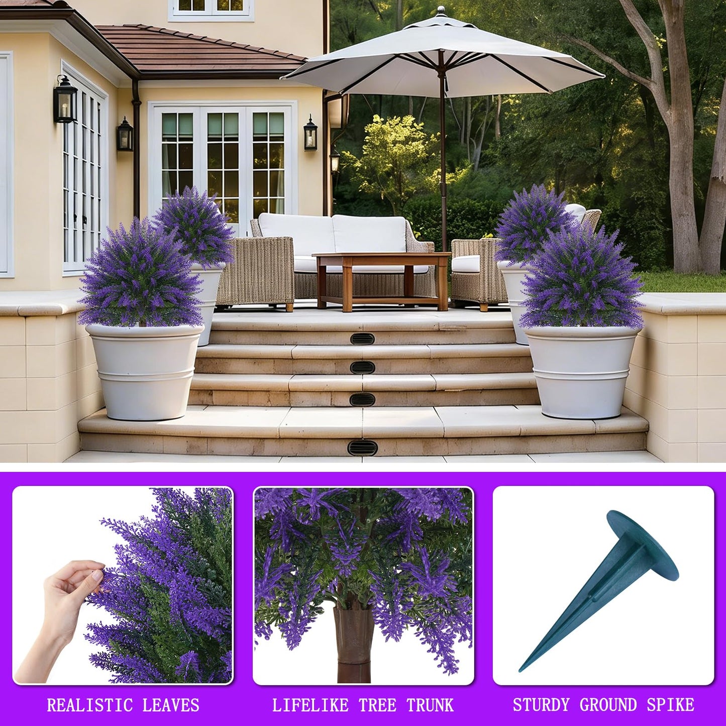 Yangrass Artificial Lavender Topiary Bushes with Ground Spike, 24" Set of 2 Faux Lavender Boxwood Ball Trees UV Resistant Fake Greenery Plants for Indoor & Outdoor Spring Porch Decor