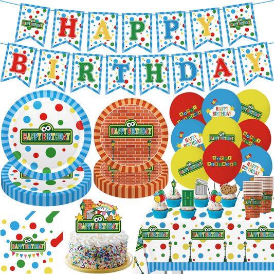 104pcs Birthday Party Decorations Cute Theme Tableware Set Include 9 Inches Plates, 7 Inches Plates, Happy Birthday Banner, Ballons, Napkins, Cups, Tablecloth, Cake Toppers and Cupcake Toppers
