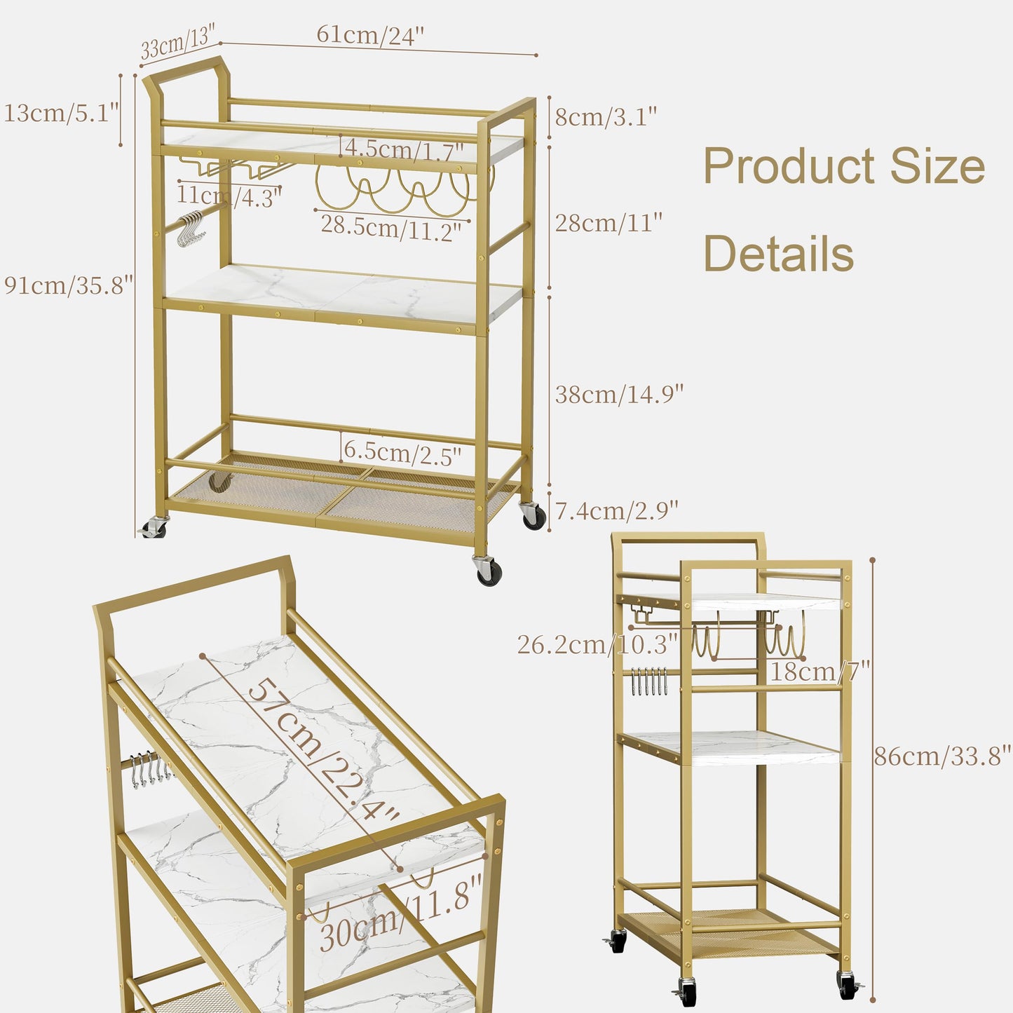 YAUKTAK 3 Tier Bar Cart, Small Beverage Cart, Mini Bar Cart with Wine Rack, Compact Mini Bar Cart - Please Refer to the Exact Dimensions for Usage Matching Dimensions: 22" W × 13" D × 35.8" H GBC507G