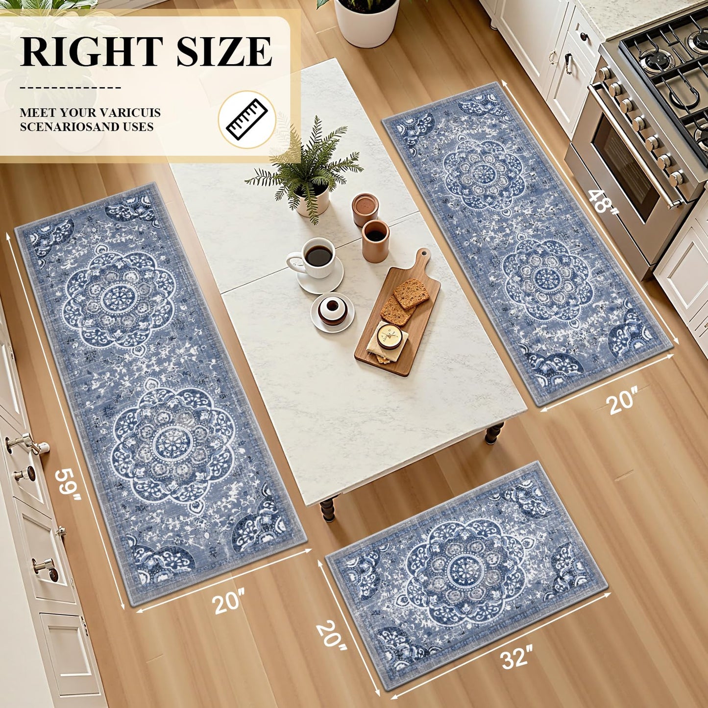 Ileading Boho Kitchen Rugs Sets 3 Piece with Runner Floral Kitchen Floor Mat Carpet Farmhouse Kitchen Rugs and Mats Non Skid Washable Runner Rug for Kitchen Floor Office Sink Laundry, Blue