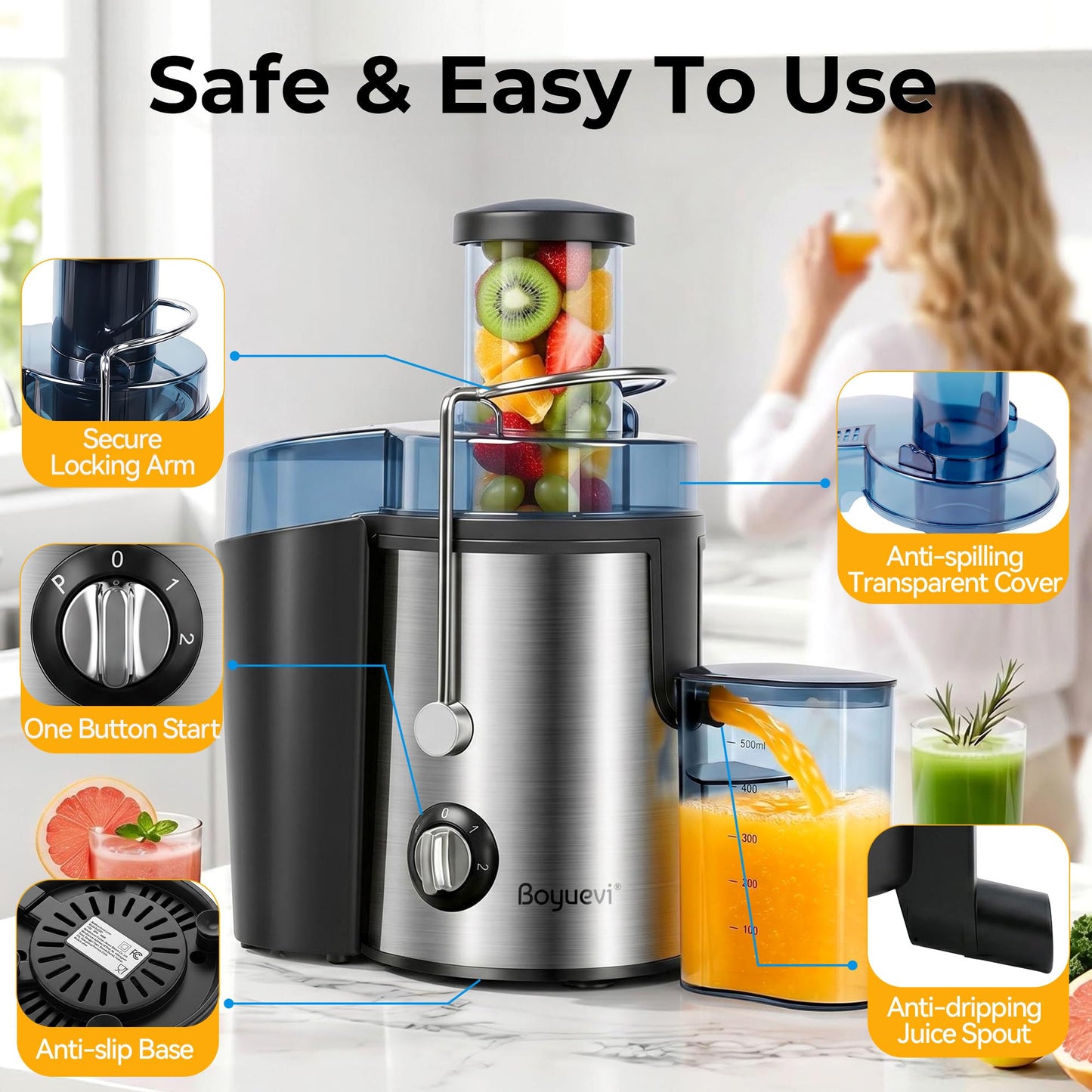 Boyuevi Juicer Machine, 800WCentrifugal Juicer for Whole Fruits and Vegetables,3 Inch Wide Feed Chute, Easy to Clean, Silver