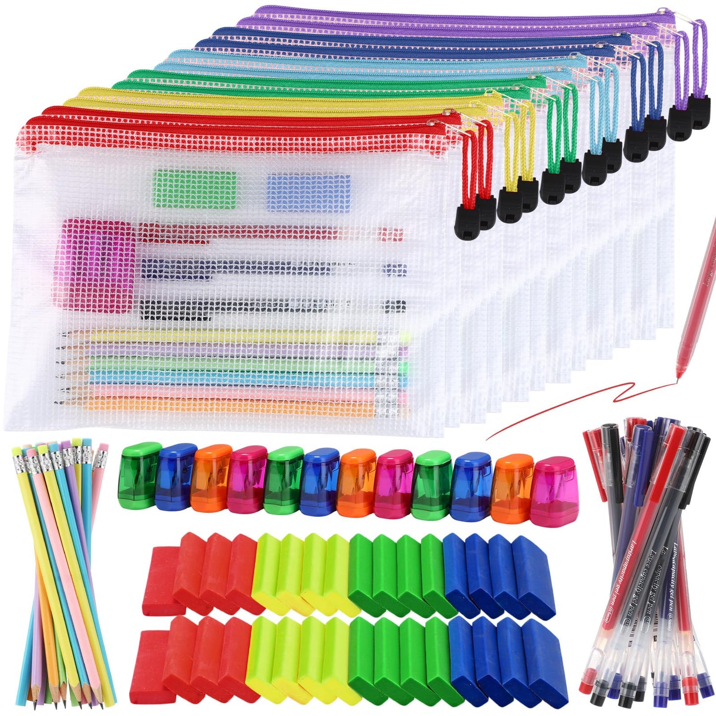 Gilprop 156 Pcs/12 Set Back to School Supplies Kit, Mesh Zipper Pouch Bags with Pencils, Erasers, Sharpeners, Pens – Bulk School Supplies for Classroom & Office Use