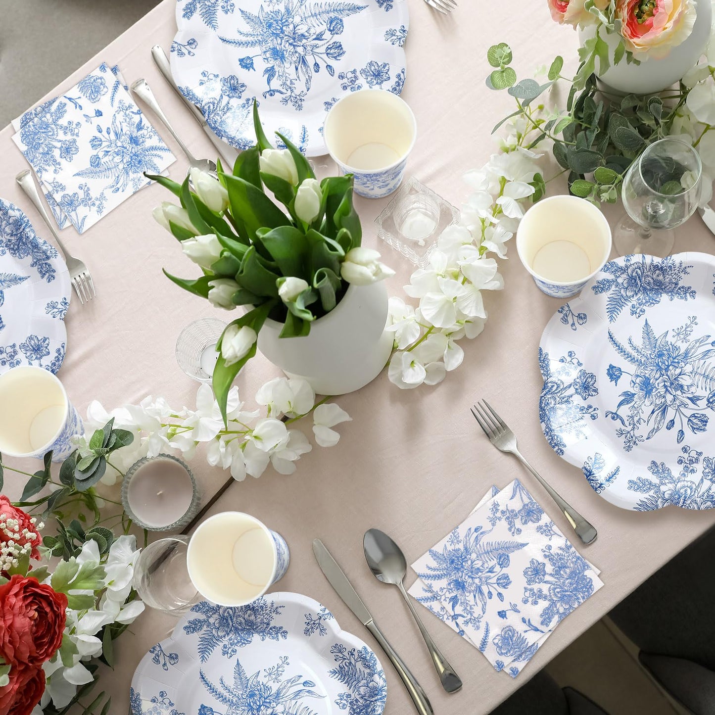Newtay 250 Pcs Blue Floral Disposable Plates and Napkins Blue and White Floral Paper Tableware Set for 50 Guests Paper Plates Napkins Cups for Wedding Bridal Shower Party Supplies