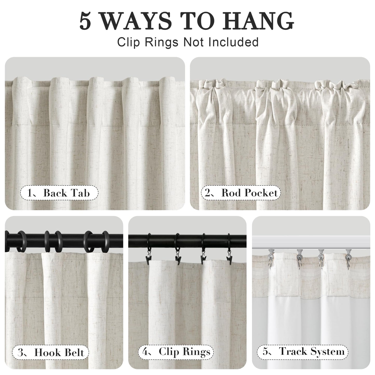 Joywell 100% Blackout Linen Curtains 84 Inch Long for Bedroom Natural Black Out Curtain Back Tab Hook Belt Room Darkening Drapes with Hooks for Living Room Window Cream Ivory 2 Panel,52 x 84