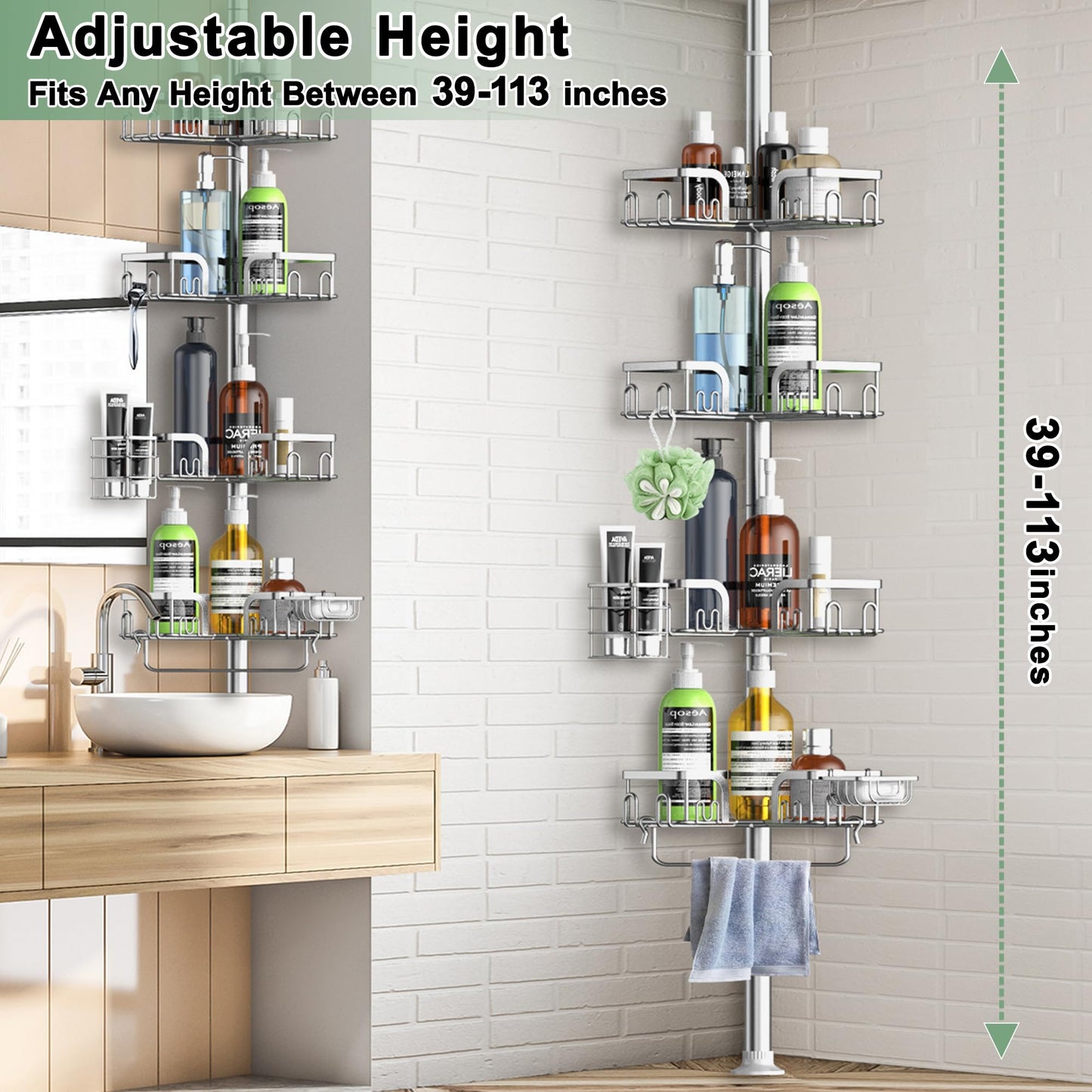 Clothink Corner Shower Caddy Tension Pole 4 Tier Adjustable Stainless Steel Shower Shelf for Inside Shower Bathtub Shampoo,Standing Bathroom Organizer Shelves with 39 to 113 inch Height
