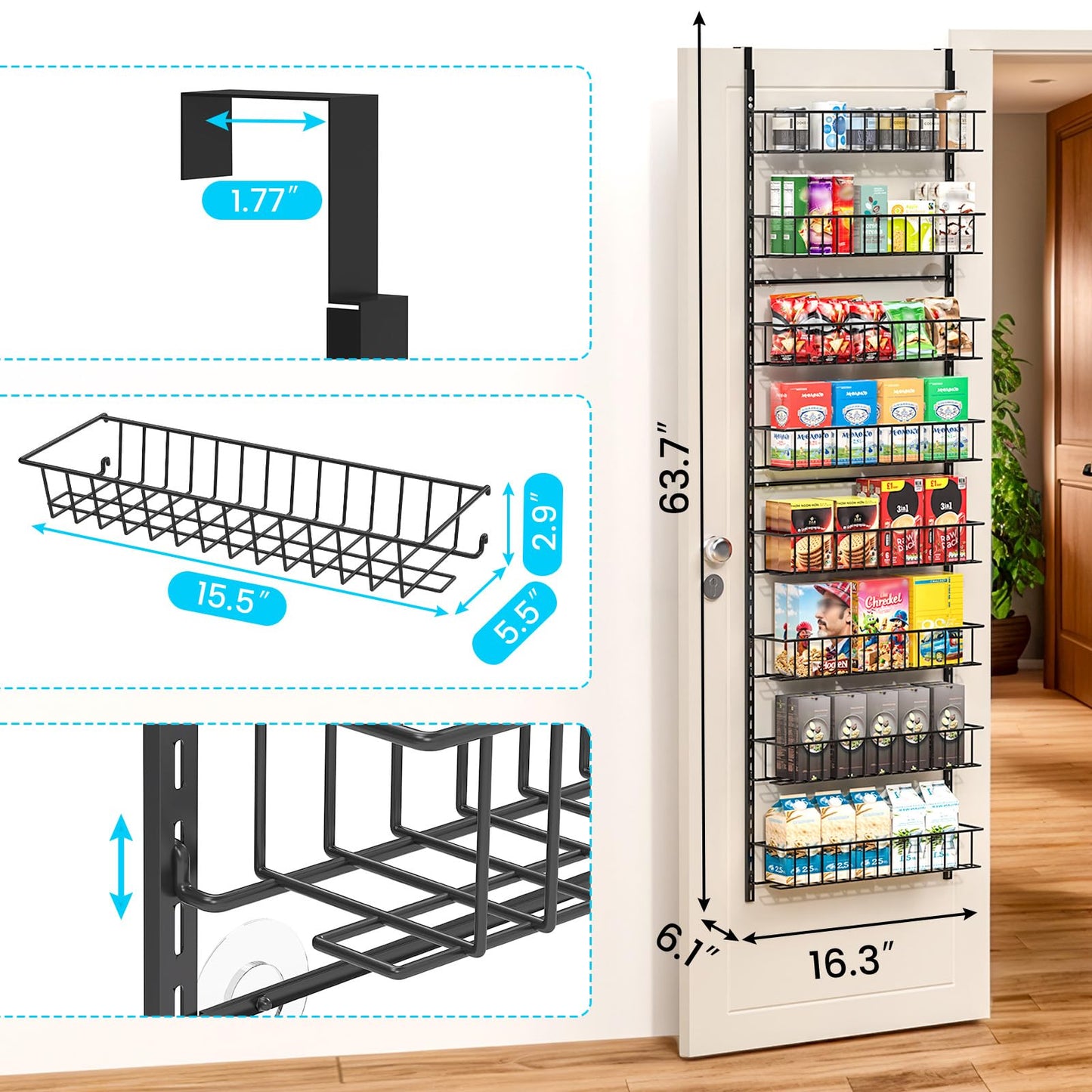ElegantArray 8-Tier Pantry Door Oragnizer, Over The Door Pantry Organizer Rack and Storage, Hanging Spice Rack Shelves Door, Home Office Laundry Room Bathroom & Kitchen Organization Essentials Metal
